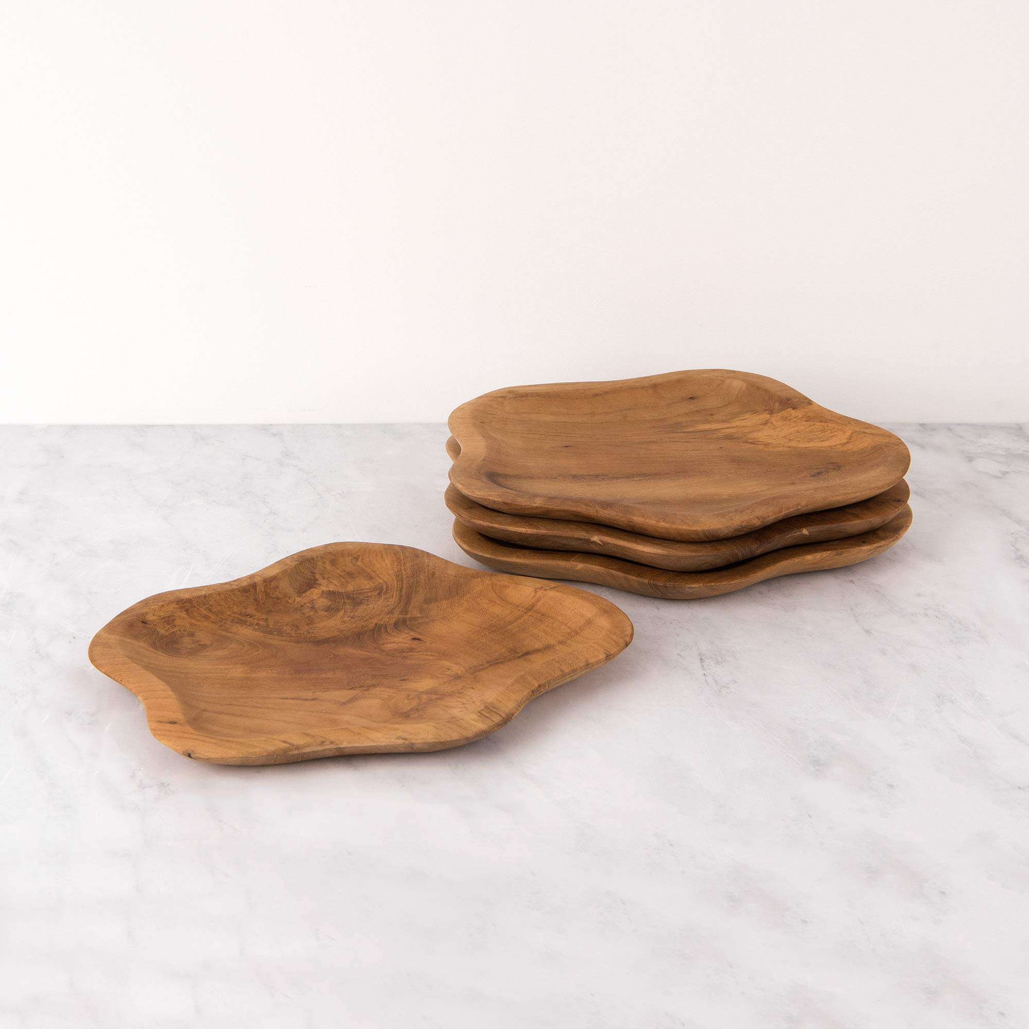 Premium Teak Wood Scallop-Edge Dinner Plates Set of 4 - Elegant Home Dining & Entertaining - Perfect for Restaurants, Weddings, and Special Occasions