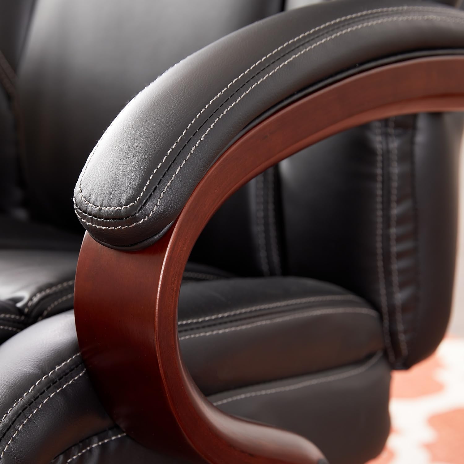 La-Z-Boy Bellamy Executive Office Chair - Memory Foam Cushions, Real Wood Arms, Swivel Base & Waterfall Seat Edge - Faux Bonded Leather in Black - Perfect for Home Office, Conference Rooms & Executive Suites