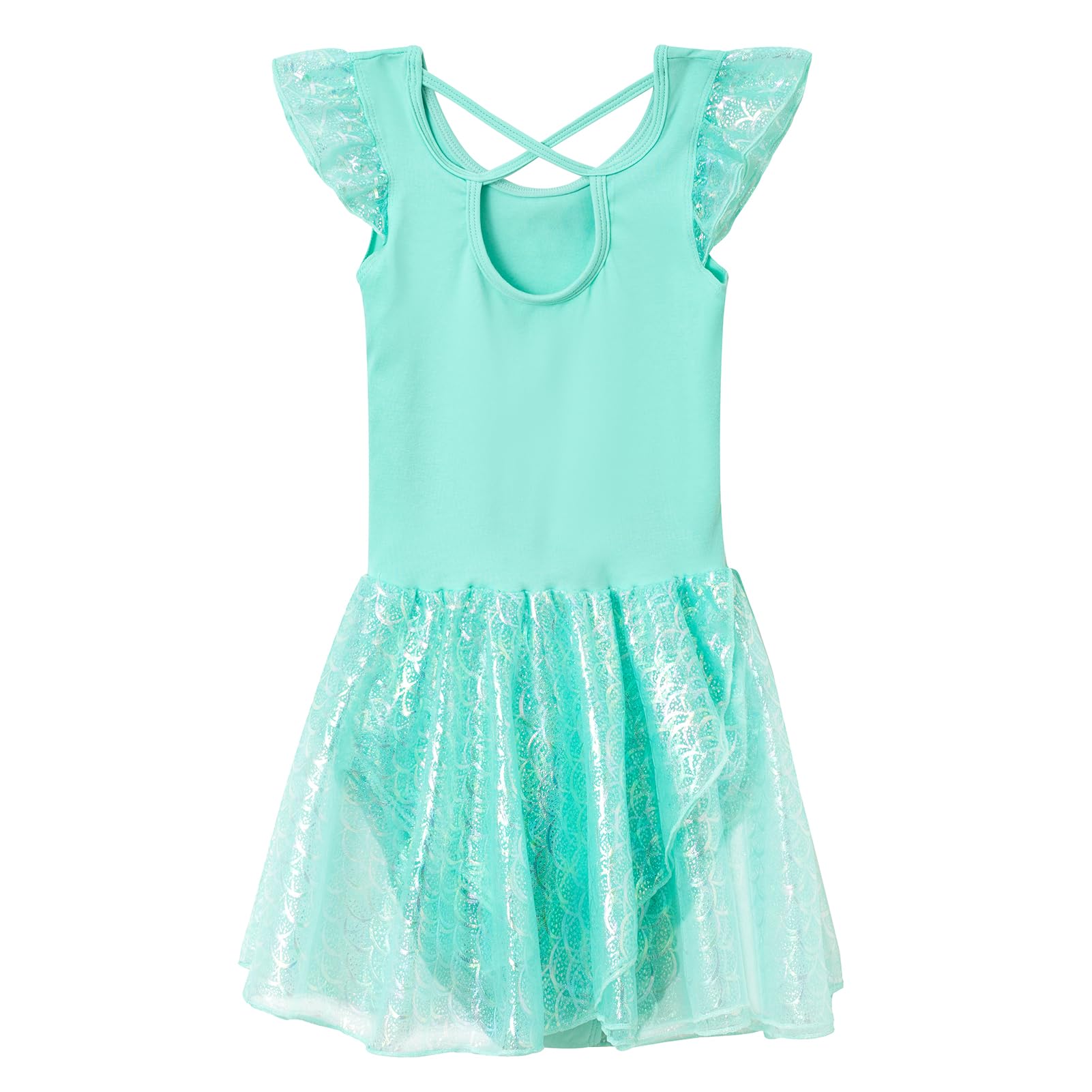 Phineein Girls' Flutter Sleeve Criss-Cross Back Dance Leotard - Ballet Gymnastics Leotard with Dress Cutout Back for Kids Dance Class & Performance