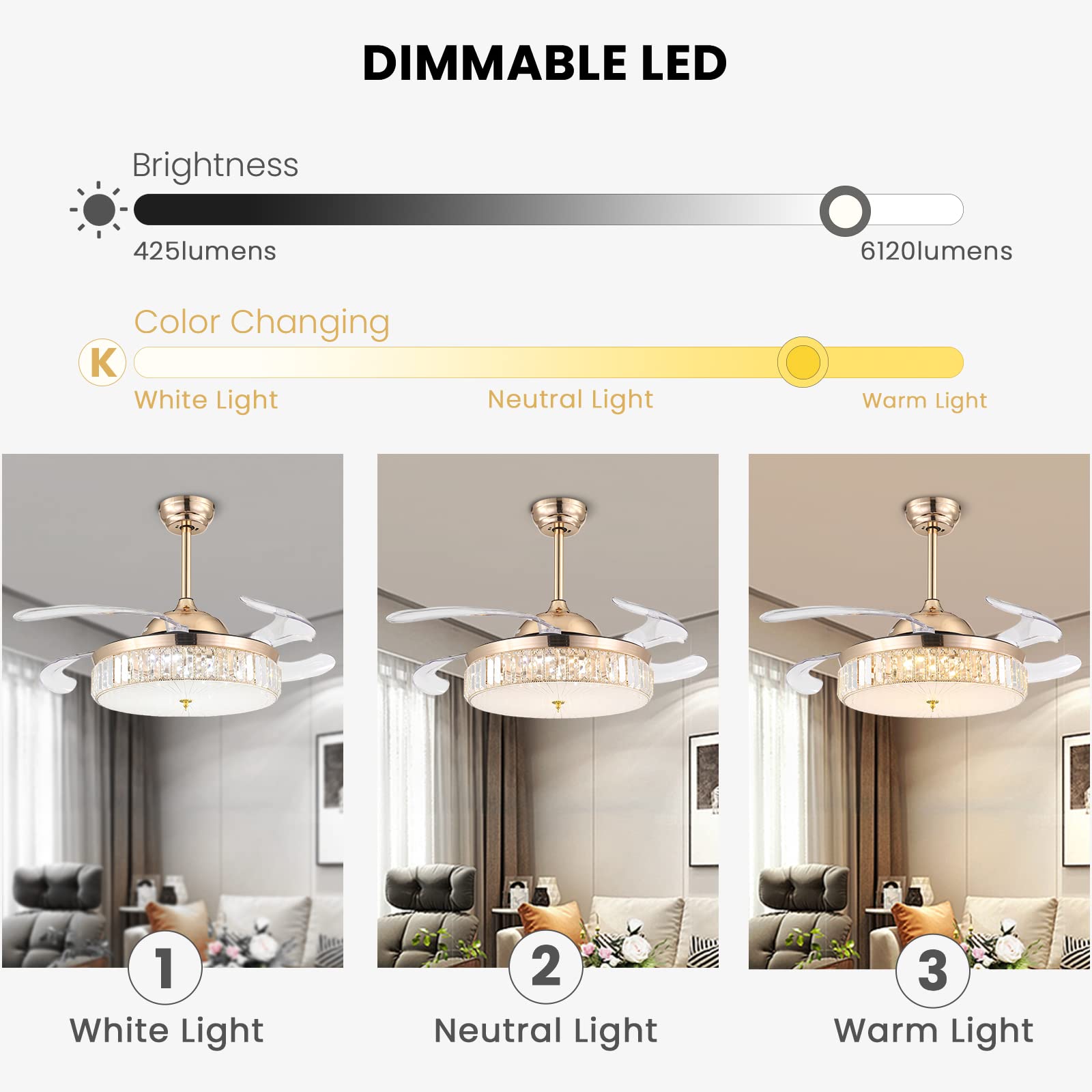 CROSSIO 42 Inch Crystal Ceiling Fan with Dimmable LED Lights - Remote Control Retractable Gold Chandelier Fan for Bedroom, Living Room & Dining Room | Modern Home Decor, Energy Efficient Cooling & Ambient Lighting Solution