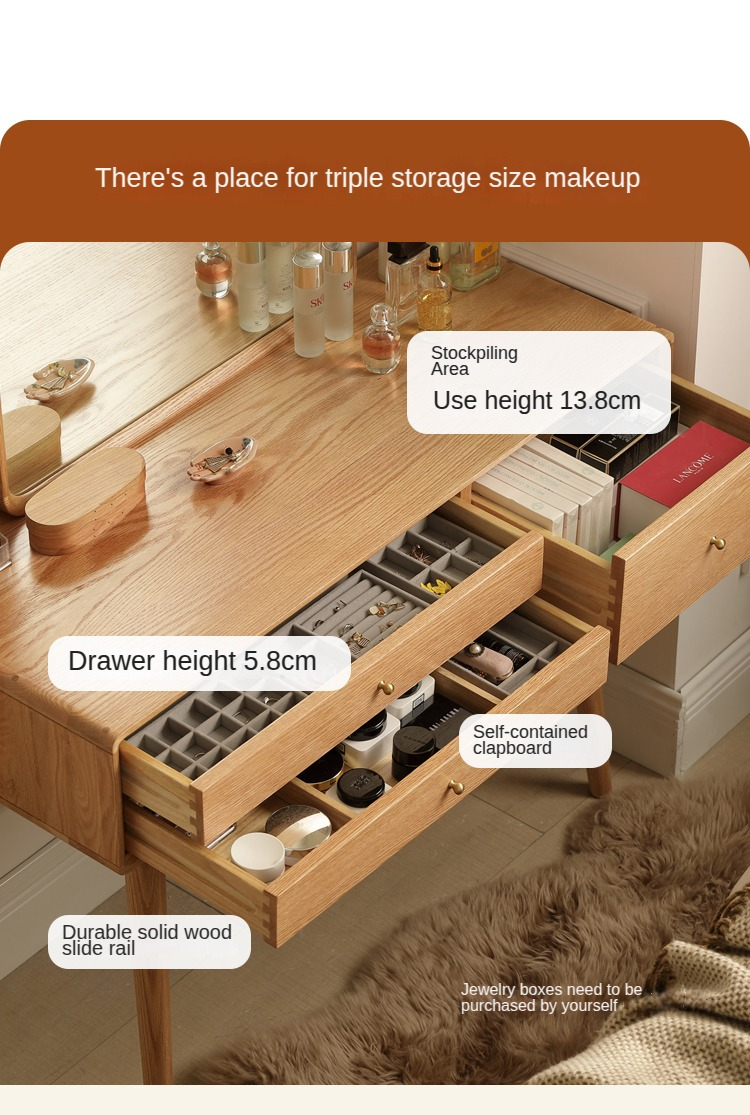 Stylish Oak Solid Wood Modern Dressing Table with Large Mirror - Perfect for Bedroom Vanity, Makeup Station & Home Decor