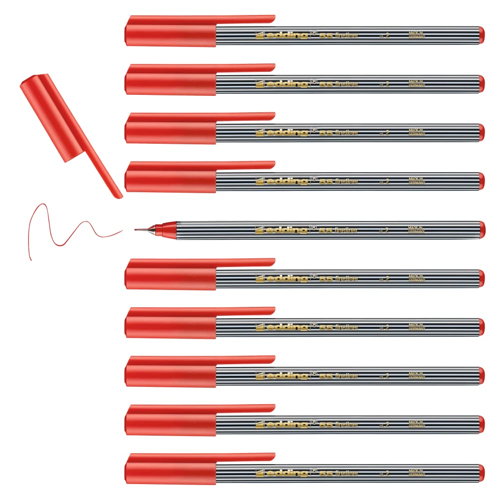 edding 55 Fineliner Pens - 10 Pack Vibrant Red Fine Tip Markers for Art, Journaling & Office Use