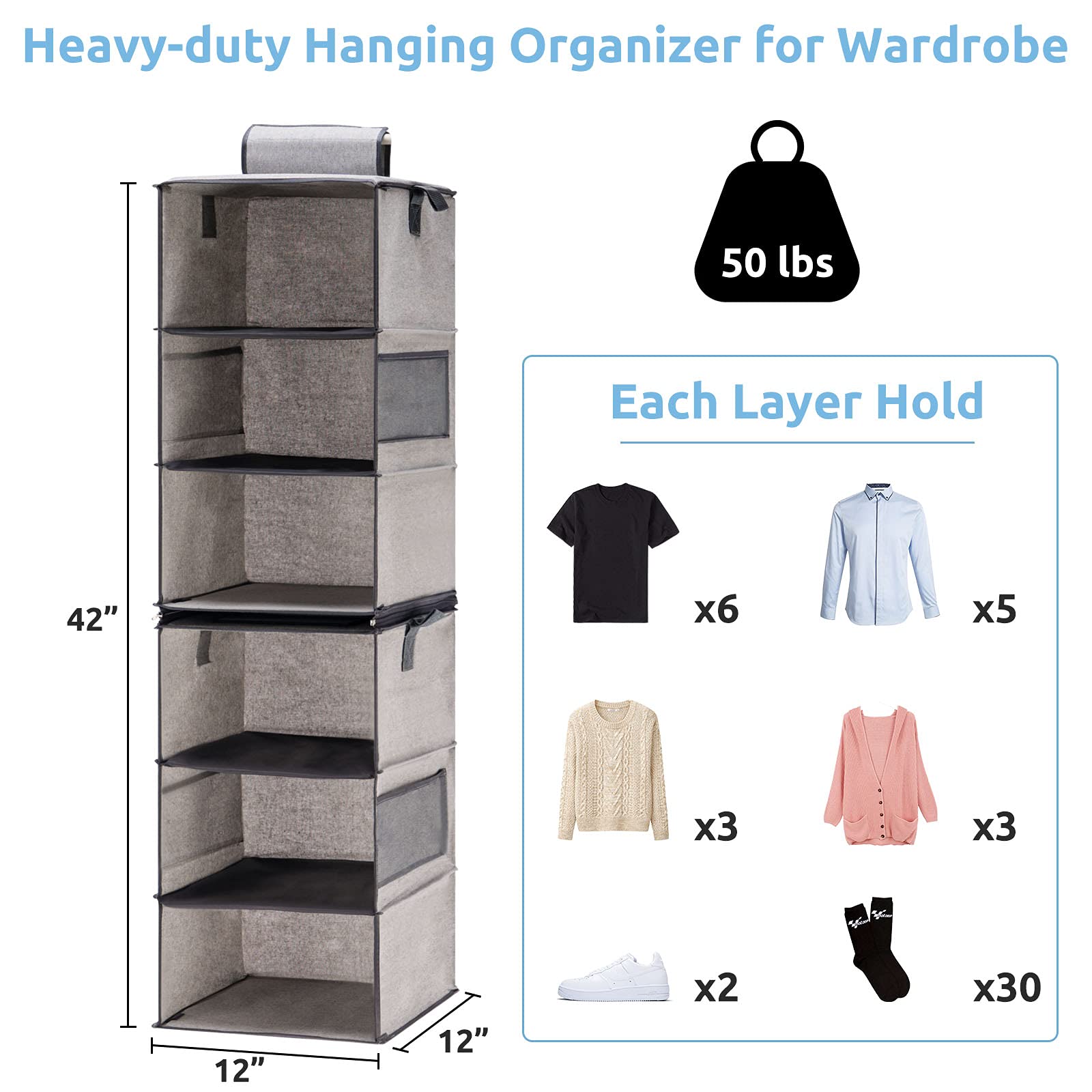 2-Pack Gray Hanging Closet Organizer with 3 Adjustable Shelves - Space Saving Storage for Closet, Dorm, RV, Apartment & Small Spaces - Foldable Shelves for Clothes, Shoes & Accessories Organization