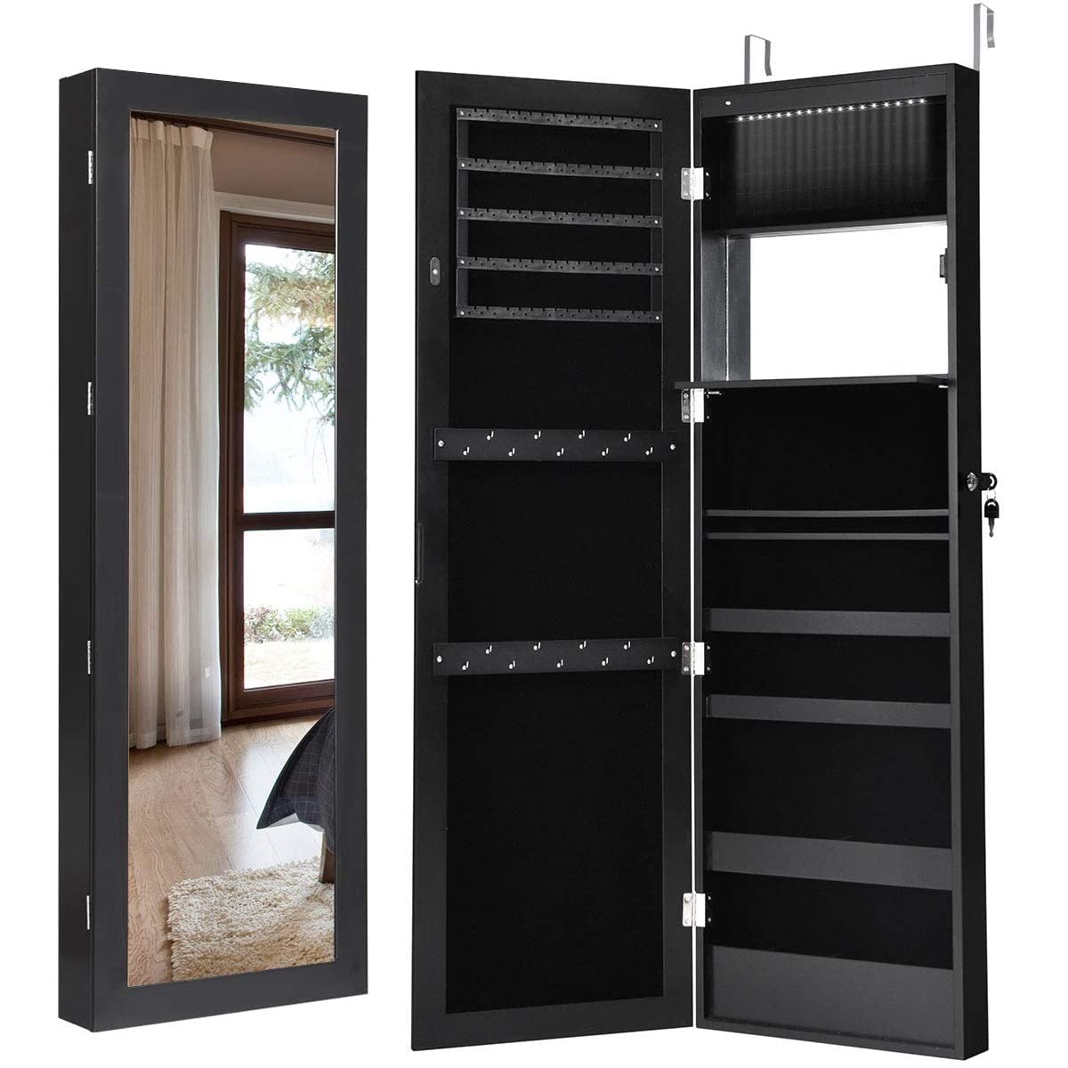 MAT EXPERT 15-LED Jewelry Armoire with Full-Length Mirror - Lockable Wall/Door Mounted Jewelry Cabinet Organizer with LED Lights - Perfect for Bedroom, Dressing Room & Makeup Display (Black)