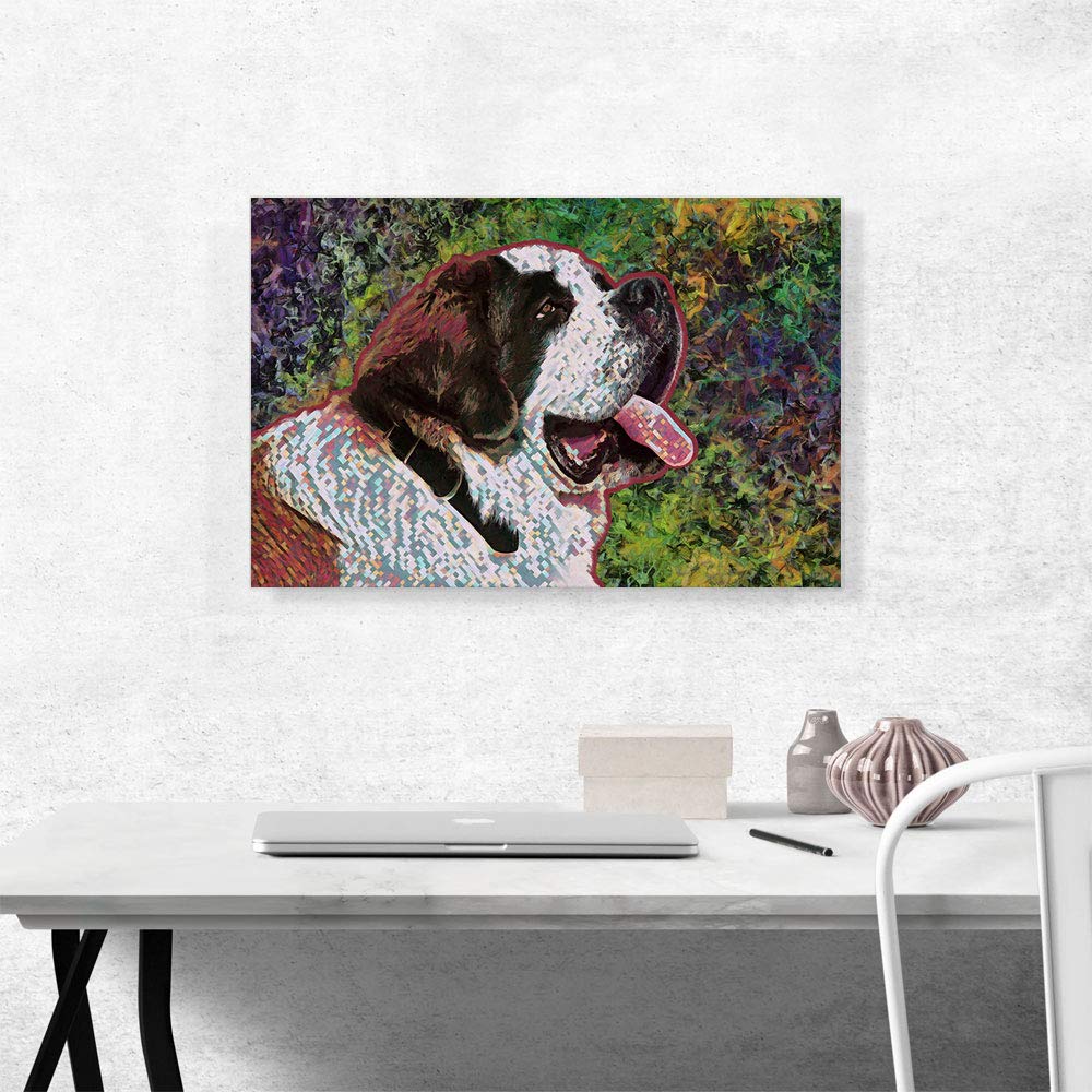 Saint Bernard Dog Breed Canvas Art Print - Green, Purple, Red Stretched Framed Painting - 26x18 Inch Wall Decor for Living Room, Bedroom & Office - Premium Giclee Poster (1.5