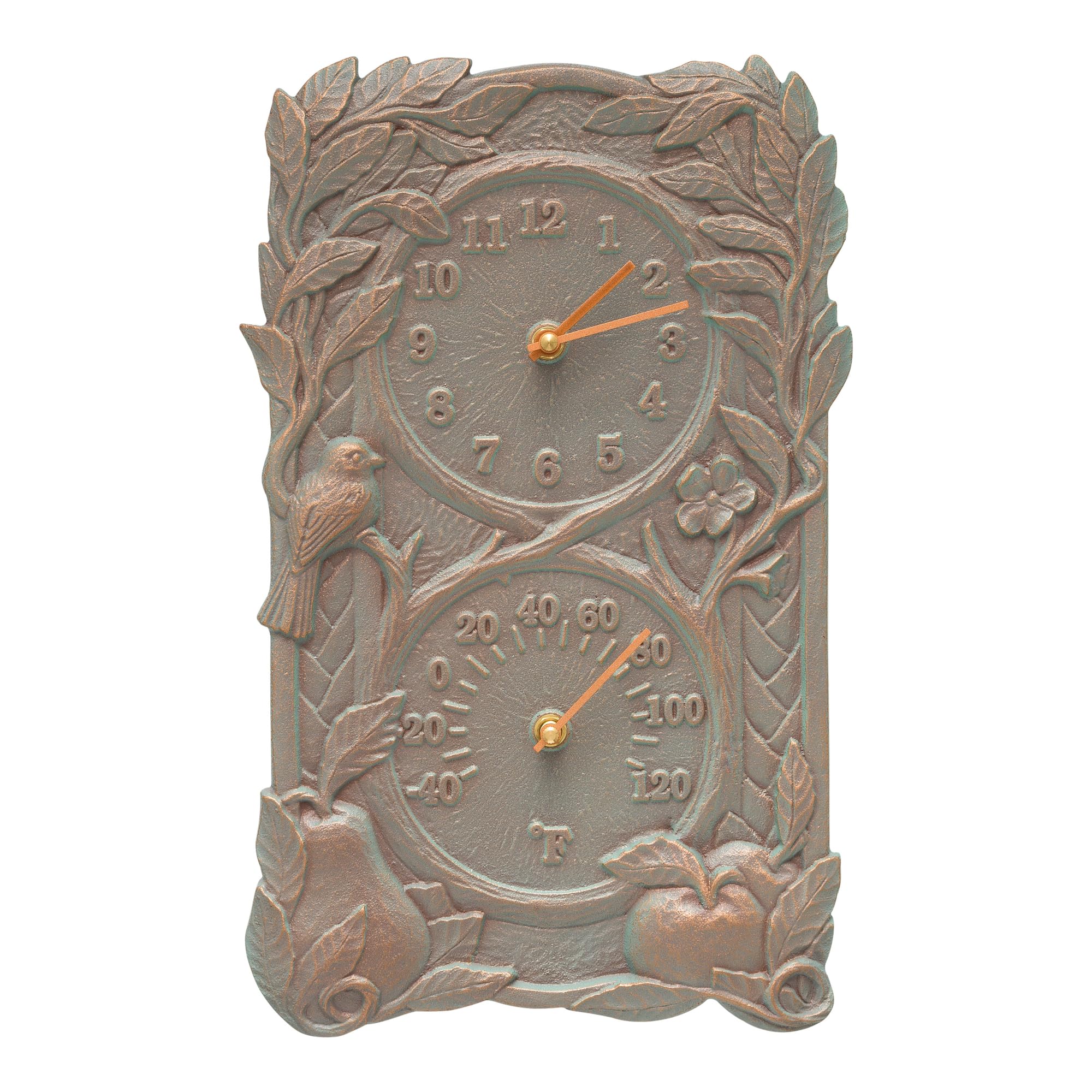 Whitehall Products Fruit & Bird Combo Wall Clock - Antique Copper Verdi Finish - Vintage Kitchen Decor for Farmhouse, Cottage & Country Style Homes - Perfect for Dining Room, Living Room & Outdoor Patio