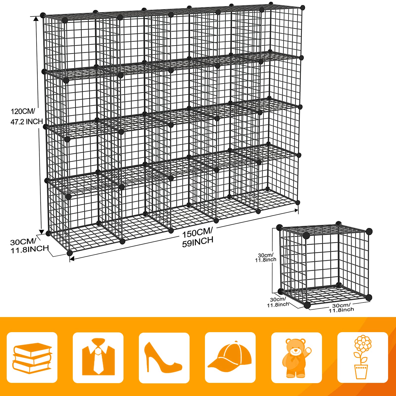 HUBSON 20-Cube Metal Grid Storage Shelf - Freely Combinable Wire Cube Organizer for Books, Toys, Crafts, Potted Plants & Pet Supplies - Black Iron Closet Organizer - Perfect for Home, Office & Dorm Room Organization