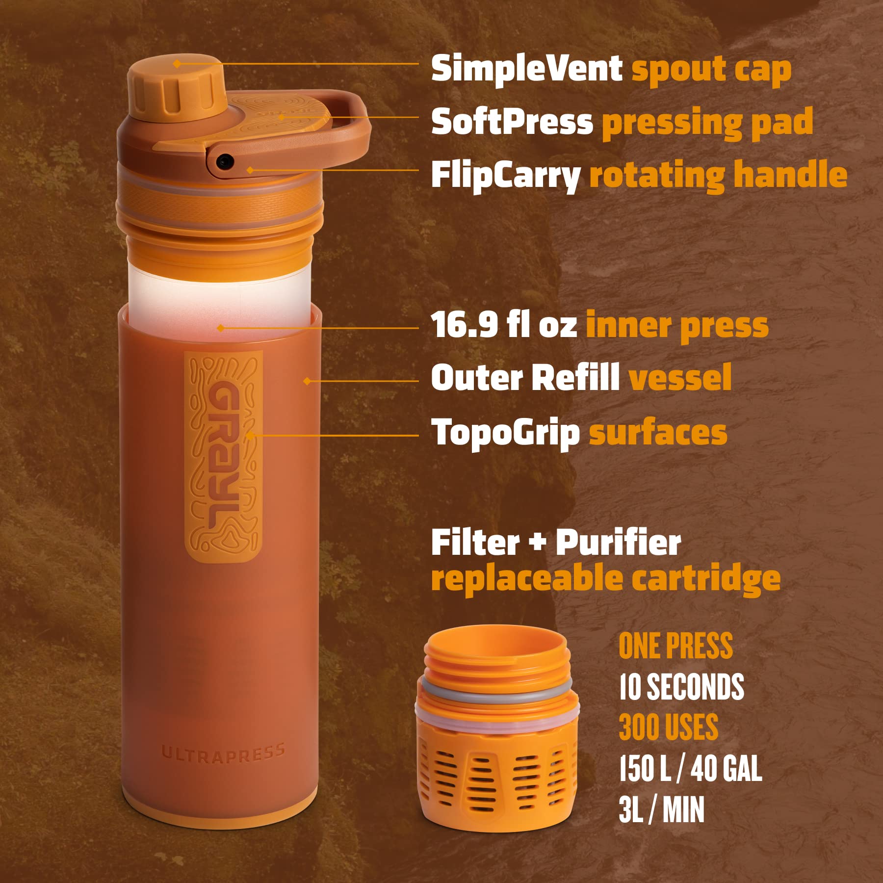 GRAYL UltraPress Water Purifier & Filter Bottle - Portable Water Filtration System for Hiking, Backpacking, Camping, Travel & Emergency Preparedness (Mojave Redrock) - Removes 99.9% of Bacteria, Viruses & Chemicals