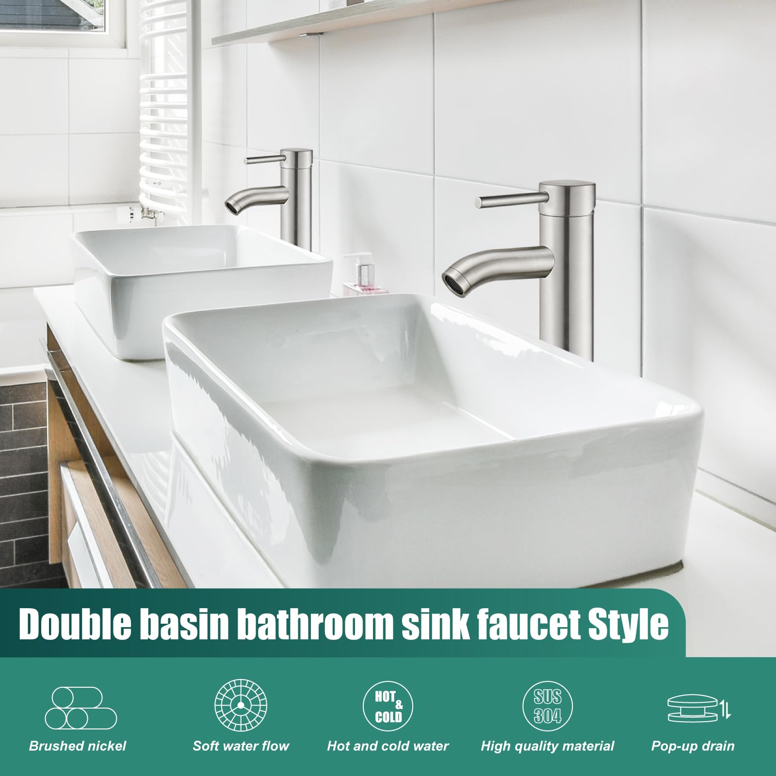 Brushed Nickel Tall Bathroom Faucet - SUS304 Stainless Steel Vessel Sink Deck Mount Single Handle Mixer Tap with Pop Up Drain - Perfect for Modern Bathrooms, Powder Rooms & Luxury Vanities