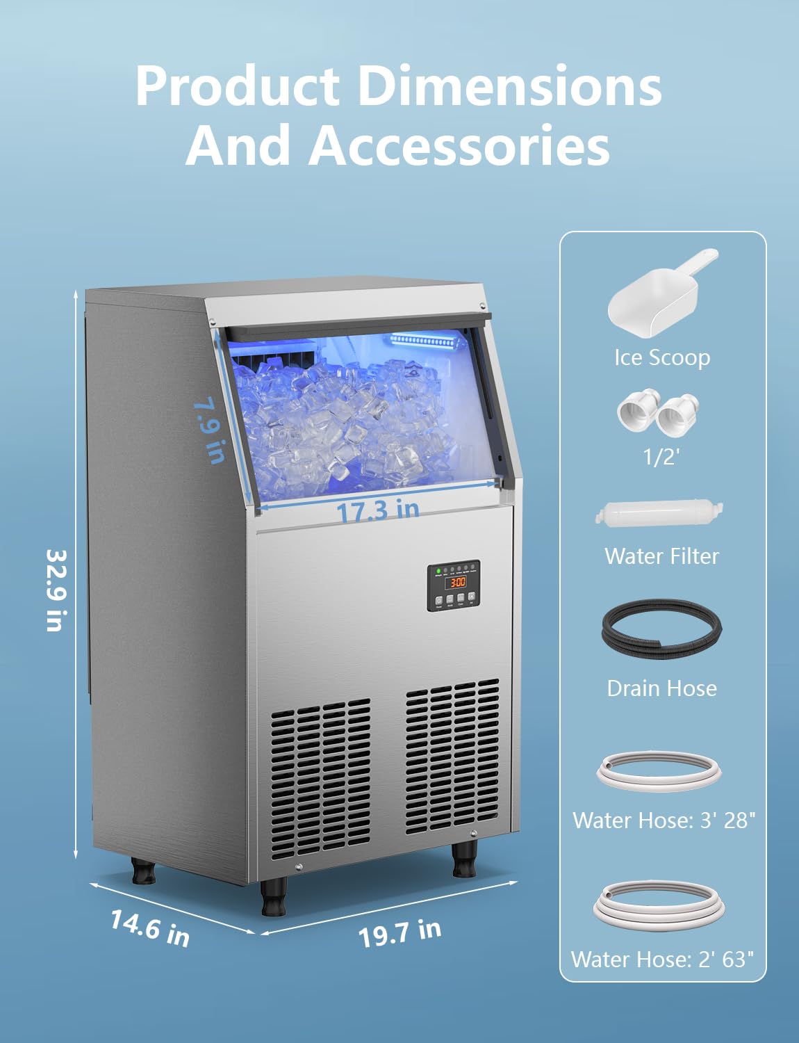 Coolski 200LBS/24H Commercial Under Counter Ice Maker with 35LBS Storage - Stainless Steel Freestanding Ice Machine for Restaurants, Bars, Offices & Home Use | Perfect for Parties, Outdoor Events & Daily Hospitality Needs