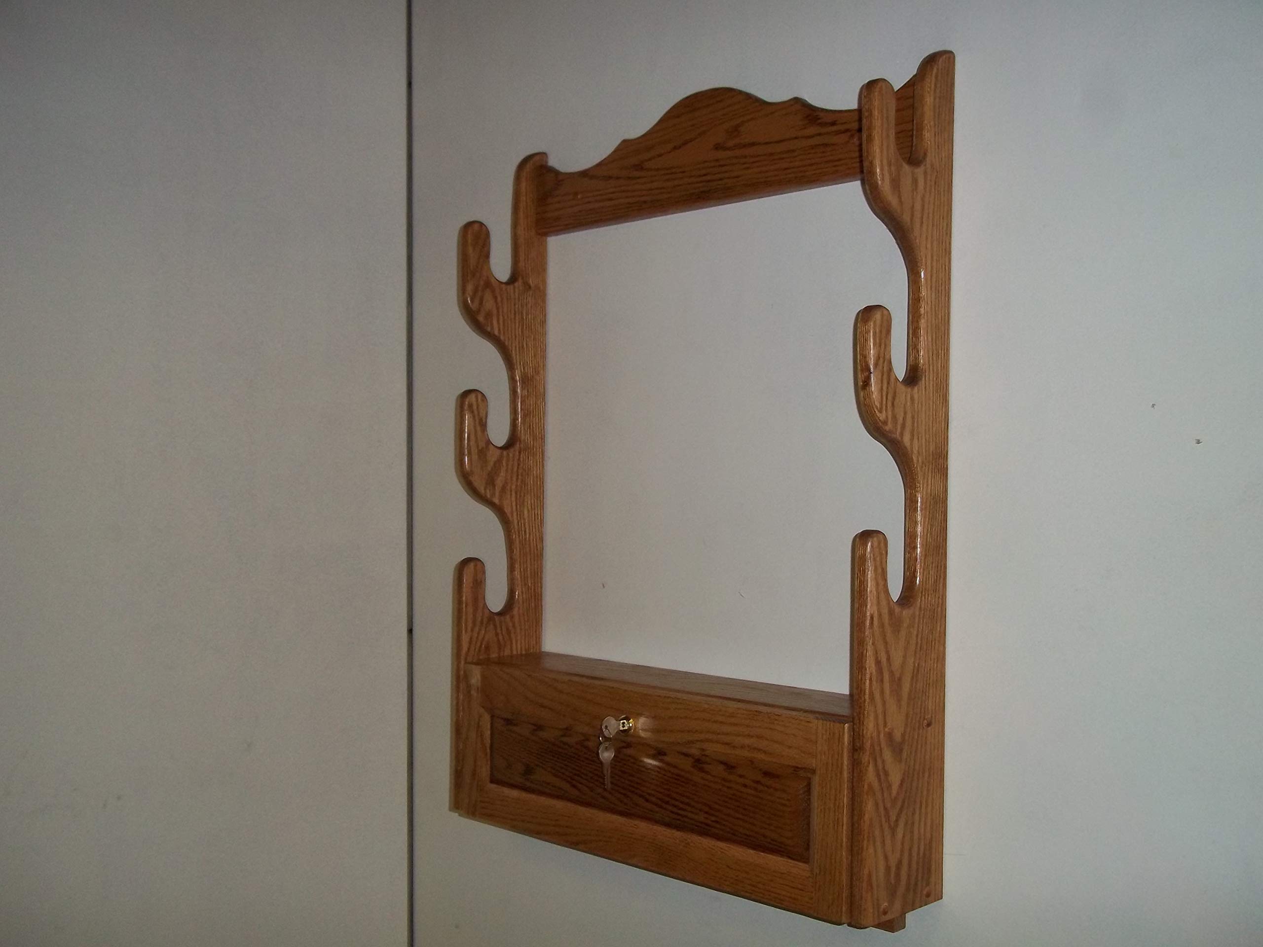 3 Gun Wall Mount Rack with Locking Storage Compartment - Golden Oak Finish for Secure Firearm Storage in Home, Office or Cabin