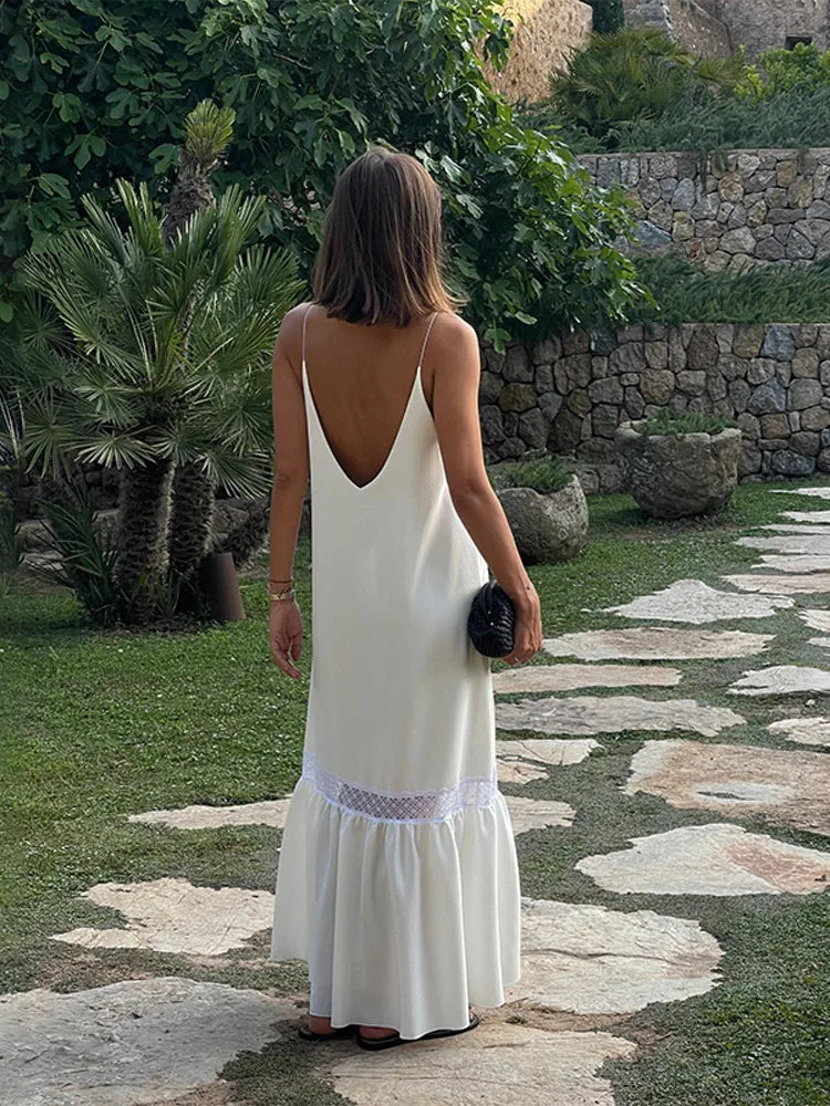 Elegant Backless Satin Maxi Dress for Women - V Neck Loose Casual Beach Sundress with Side Split & Strap Detail | Perfect for Summer Vacation, Pool Party, and Evening Outings