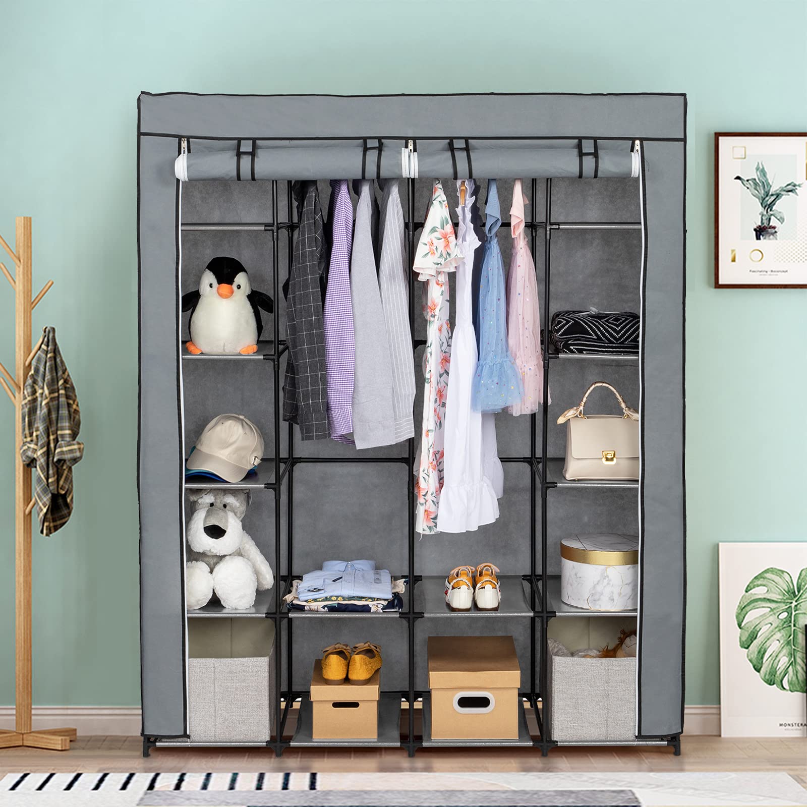 BNSPLY 66 Inch Portable Closet Organizer - Non-Woven Fabric Wardrobe Storage with Hanging Rod, 56 x 18.5 x 66 Inches, Grey - Perfect for Bedroom, Dorm, Apartment & Closet Organization