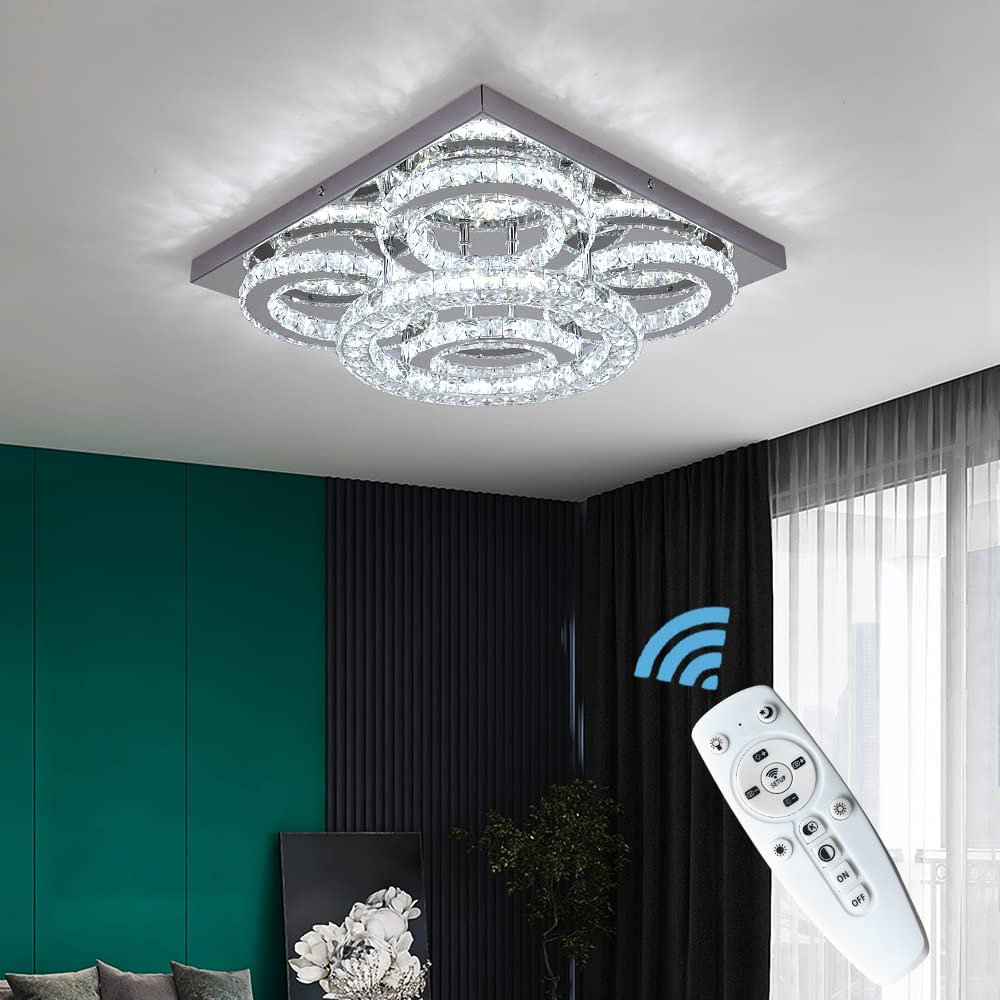 GreeLustr Modern Crystal Ceiling Light Fixture - 5 Ring Dimmable LED Chandelier with Remote Control, Flush Mount Lighting for Bedroom, Living Room & Dining Room | Energy Efficient Home Decor Lighting Solution