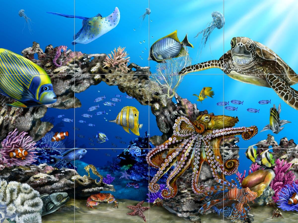Ceramic Backsplash Tile Mural - Saltwater Fish Underwater Ocean Theme for Kitchen, Bathroom & Shower - Octopus Garden Design by Lori Schory | Perfect for Coastal, Beach House & Nautical Decor