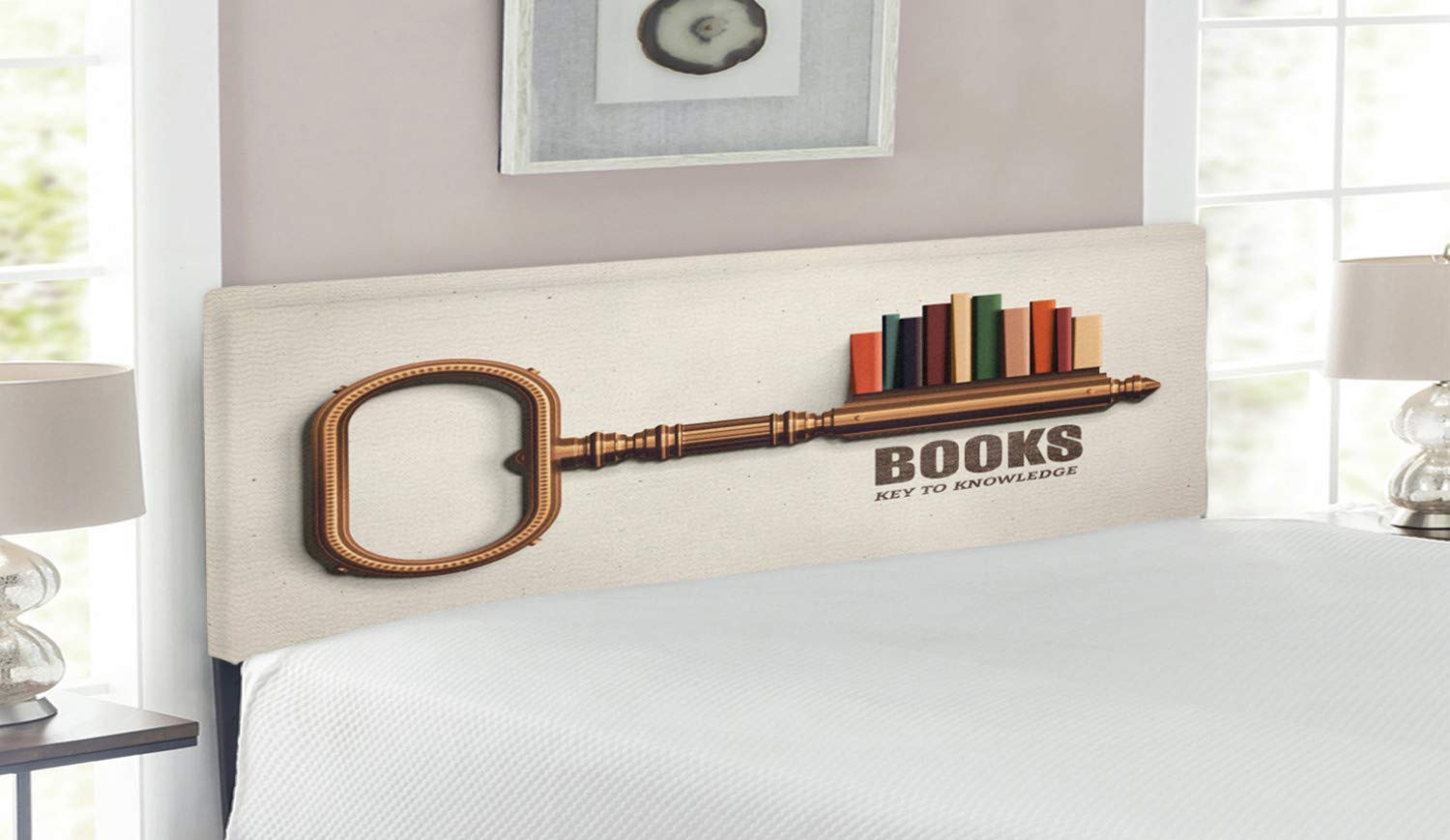 Ambesonne Key-Shaped Book Headboard - Upholstered Decorative Metal Bed Frame with Memory Foam, Queen Size, Multicolor Bookshelf Design | Perfect for Book Lovers' Bedroom Decor & Reading Nook Inspiration