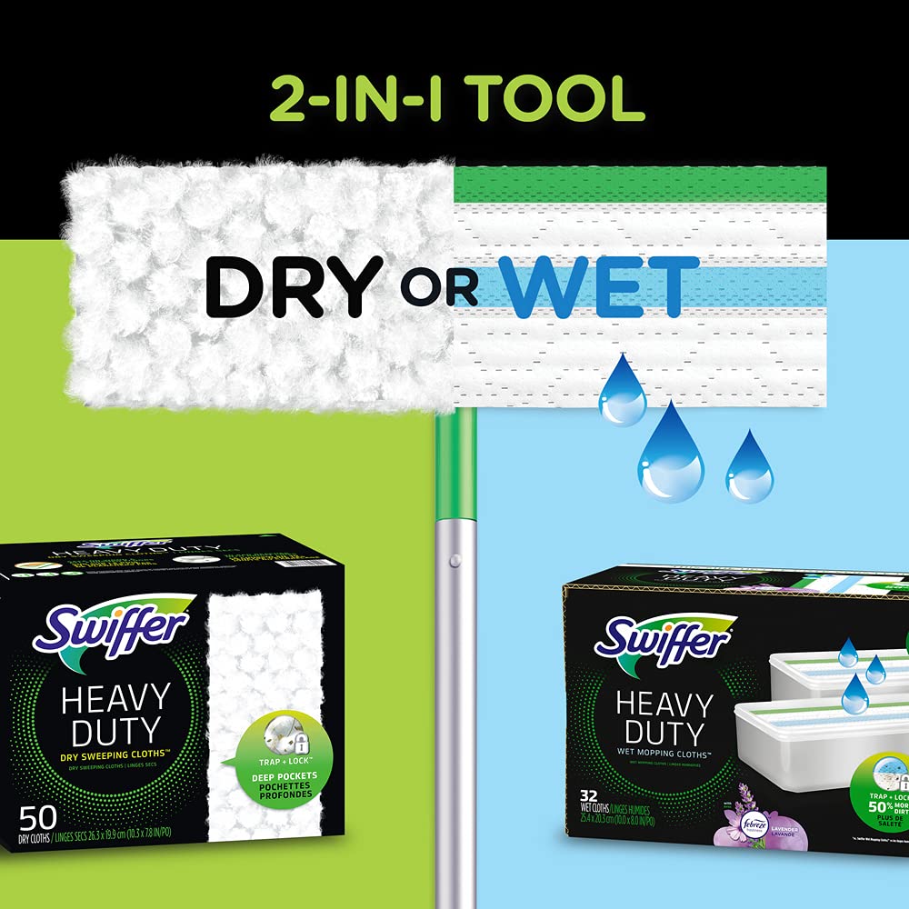 Swiffer Sweeper Heavy Duty Cleaning Kit - 2-in-1 Dry & Wet Multi-Surface Floor Mop with 40 Heavy Duty Pads, 14 Dry & 5 Wet Cloths - Perfect for Hardwood, Tile & Laminate Floors - Ideal for Homes, Offices & Pet Owners
