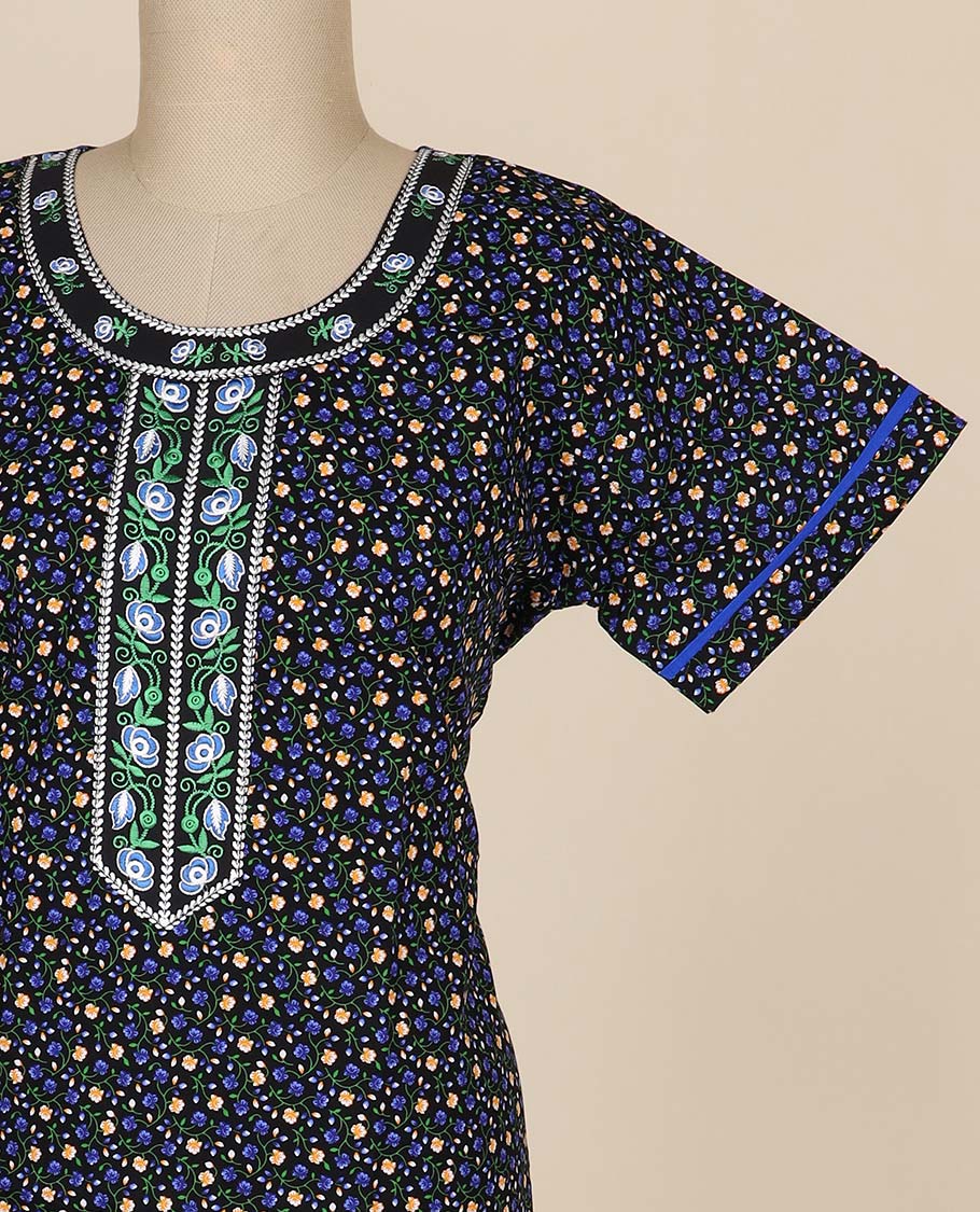 Black Floral Printed Cotton Nightgown with Embroidery - Round Neck Half Sleeve Sleepwear for Women | Perfect for Summer Nights & Lounge Wear