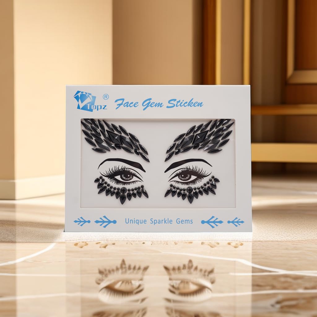 Black Face Jewels Tattoo Eye Stickers - Self-Adhesive Body Gems for Halloween, Festivals & Parties - Temporary Skin Decoration for Costumes & Special Events