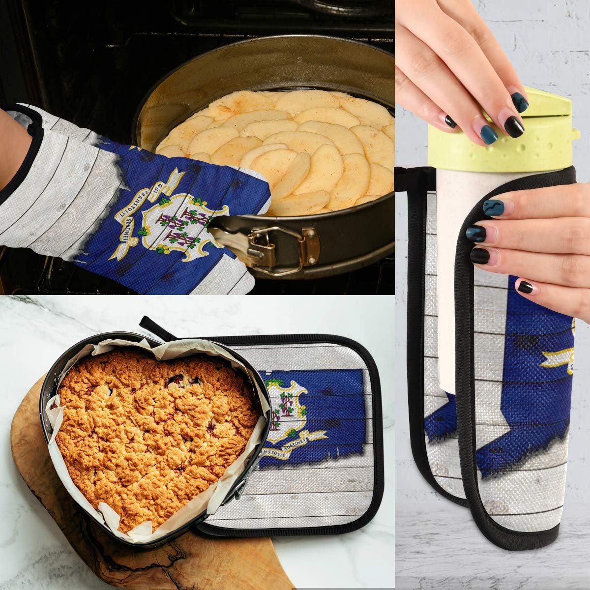 Connecticut Flag Map Oven Mitts & Pot Holders Set - Heat Resistant Kitchen Gloves for Cooking, Baking, Grilling & BBQ - Perfect for Microwave, Stove & Oven Use