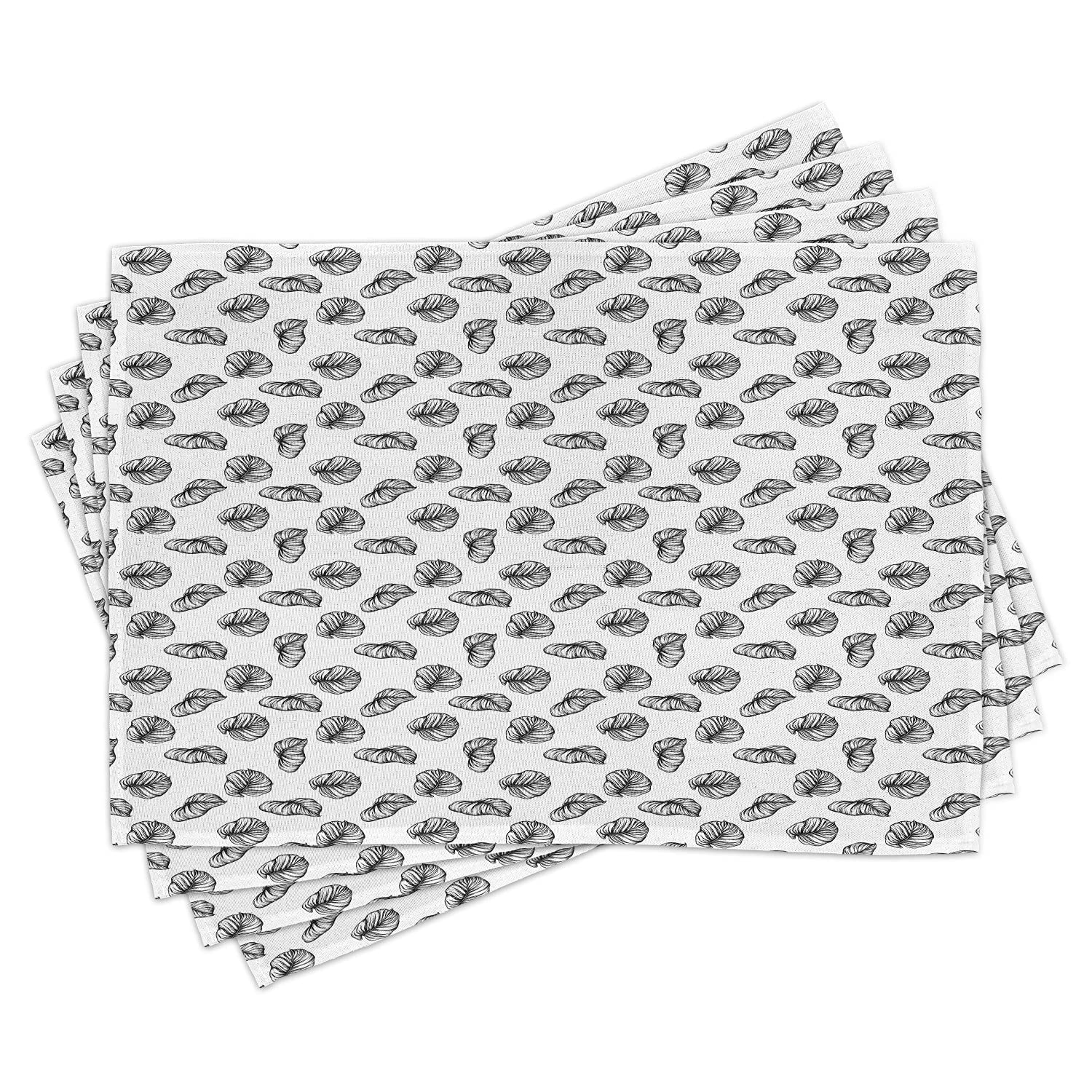 Ambesonne 4-Pack Tropical Leaves Place Mats - Hand-Drawn Philodendron Design, Washable Fabric for Dining & Kitchen Table Decor in Charcoal Grey & White | Perfect for Hawaiian-Themed Parties, Summer Entertaining & Boho Home Decor
