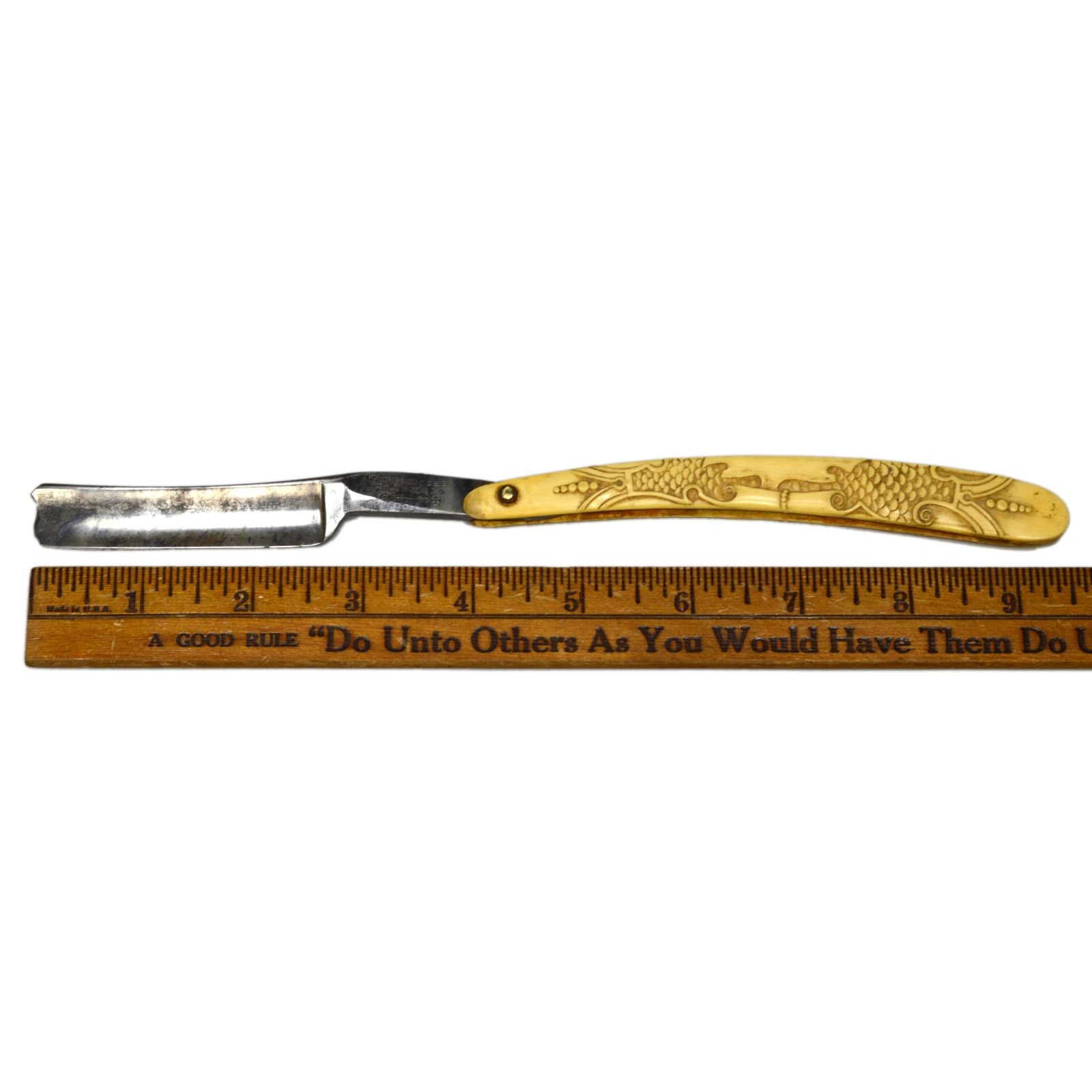 Vintage WADE & BUTCHER Straight Razor with Ornate Carved Bone Scales - Sheffield Steel Shaving Knife - Rare Collectible Barber Tool for Classic Wet Shaving & Grooming