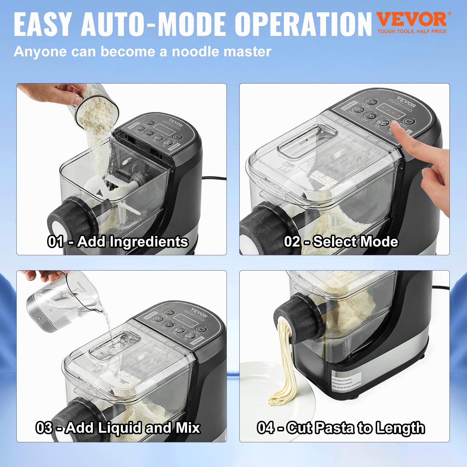 VEVOR 150W Automatic Electric Pasta Maker Machine - 8 Pasta Shapes, 4 Intelligent Modes, 500g Flour Capacity with Measuring Cups & Cleaning Brush for Home Kitchen | Perfect for Fresh Homemade Pasta, Italian Dishes & Family Cooking