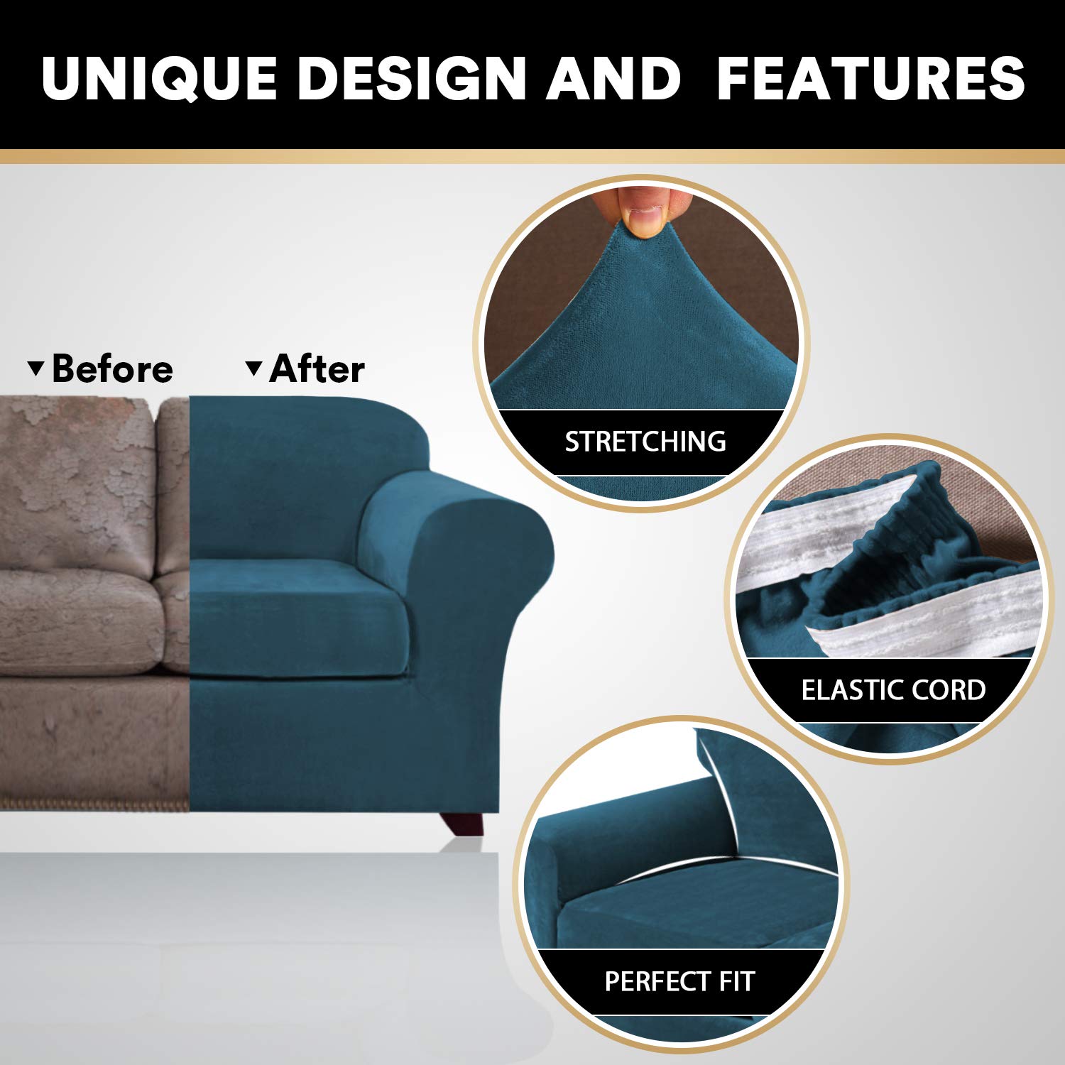 PrinceDeco Velvet Plush Stretch Sofa Cover 2-Piece Set - Washable Furniture Protector with Elastic Bottom, Fits Armchairs Up to 49
