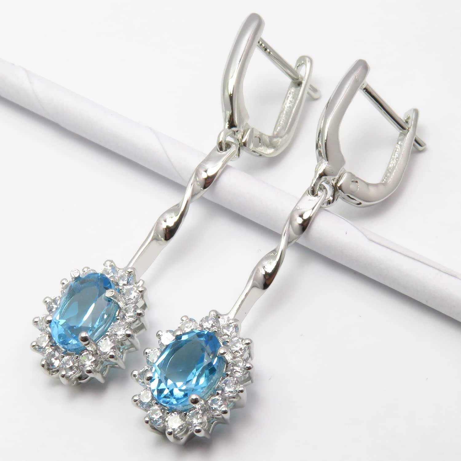 925 Sterling Silver Oval Blue Topaz Drop Earrings 4.4cm - Elegant Wedding & Party Jewelry for Women - Perfect for Bridal, Evening Wear & Special Occasions