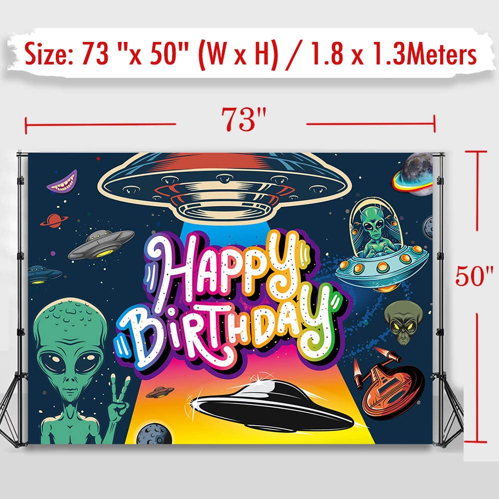 Funny UFO Happy Birthday Decorations Backdrop - Outer Space Alien UFO Theme Party Supplies (73'' x 50'') for UFO Lovers, Sci-Fi Birthday Party Decor, Wall Banner & Photo Booth Background