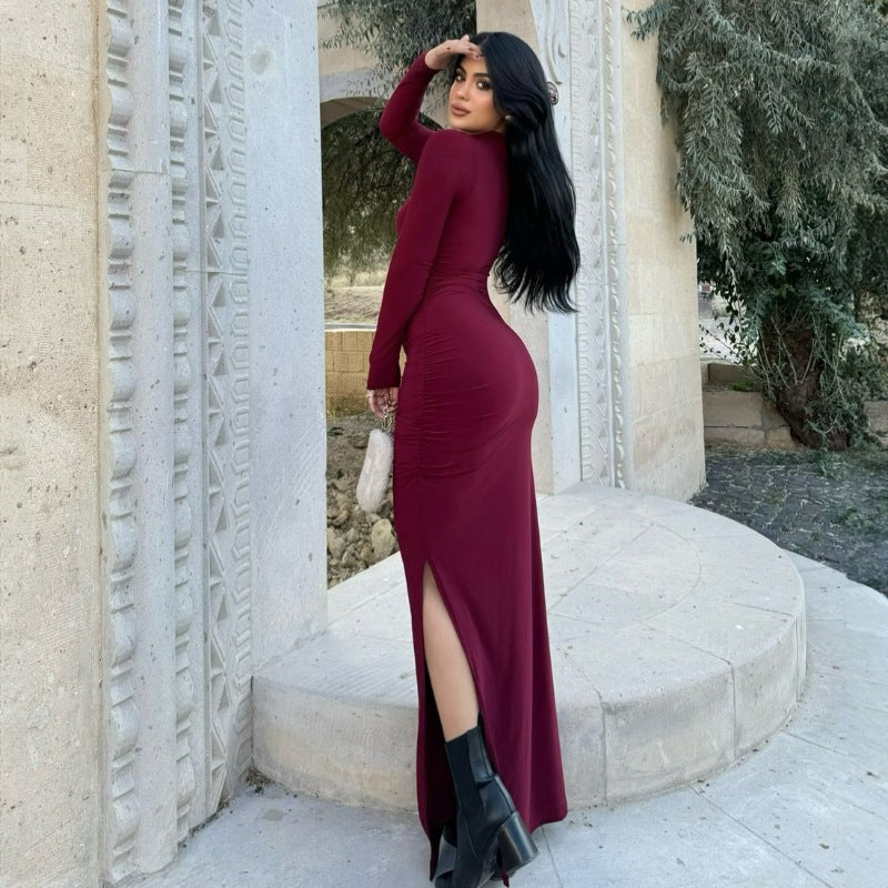 LOVEVOP 2025 Fashion Women's Slim Fit Stand Collar Long Sleeve Wrap Dress with Side Slit - Autumn Winter Solid Color Casual Dress for Work, Party & Daily Wear Wholesale