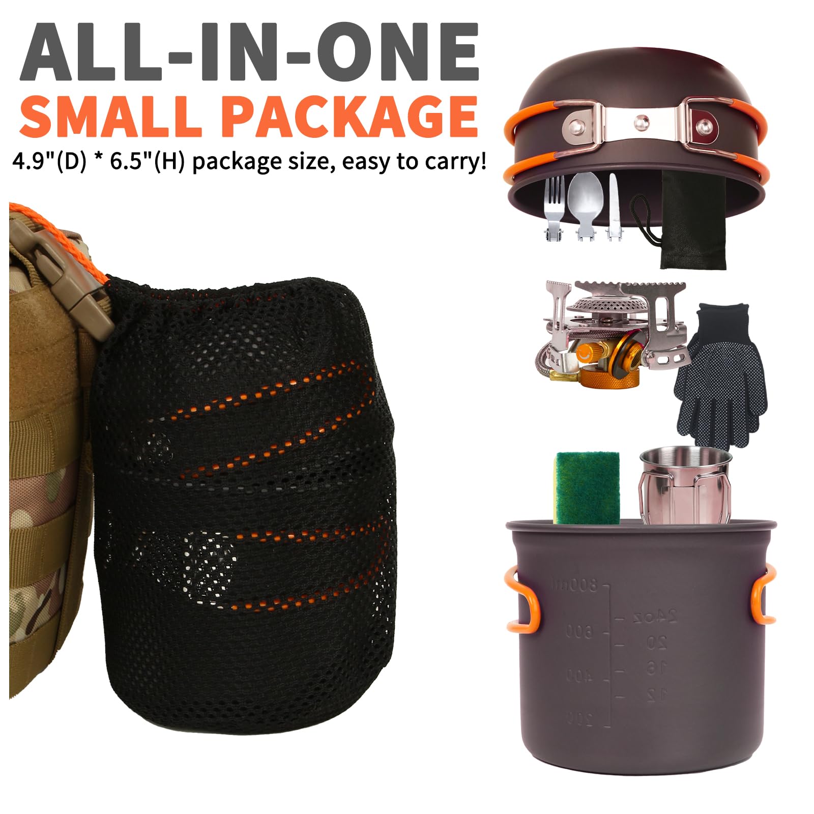 **Portable Camping Mess Kit - Lightweight Backpacking Cooking Set with Pot, Stove, Cup, Utensils & Cleaning Tools for Hiking, Picnic & Outdoor Adventures**