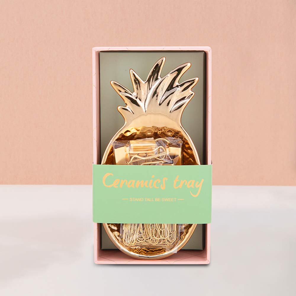 MultiBey Gold Paper Clips & Binder Clips Set with Ceramic Pineapple Tray - Cute Office Desk Organizer, Jewelry Holder, Home Decor Accessory for School, Office & Gift Giving