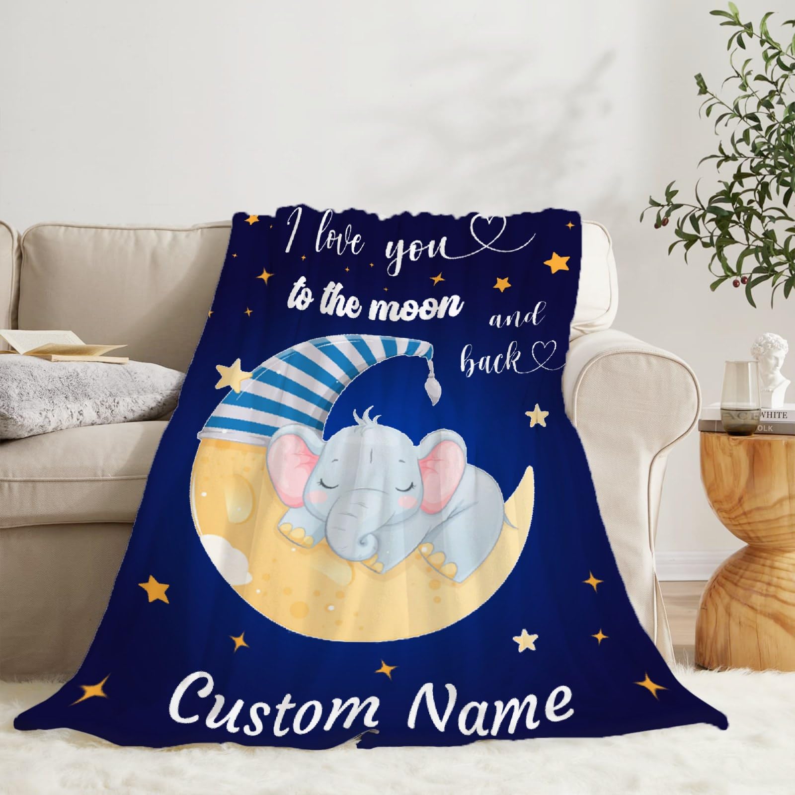Personalized Baby Blankets for Boys & Girls - Custom Name Embroidered Fleece Blanket with Moon & Star Elephant Design - Soft Cozy Newborn Throw Blanket for Crib, Stroller & Nursery - Perfect Baby Shower Gift