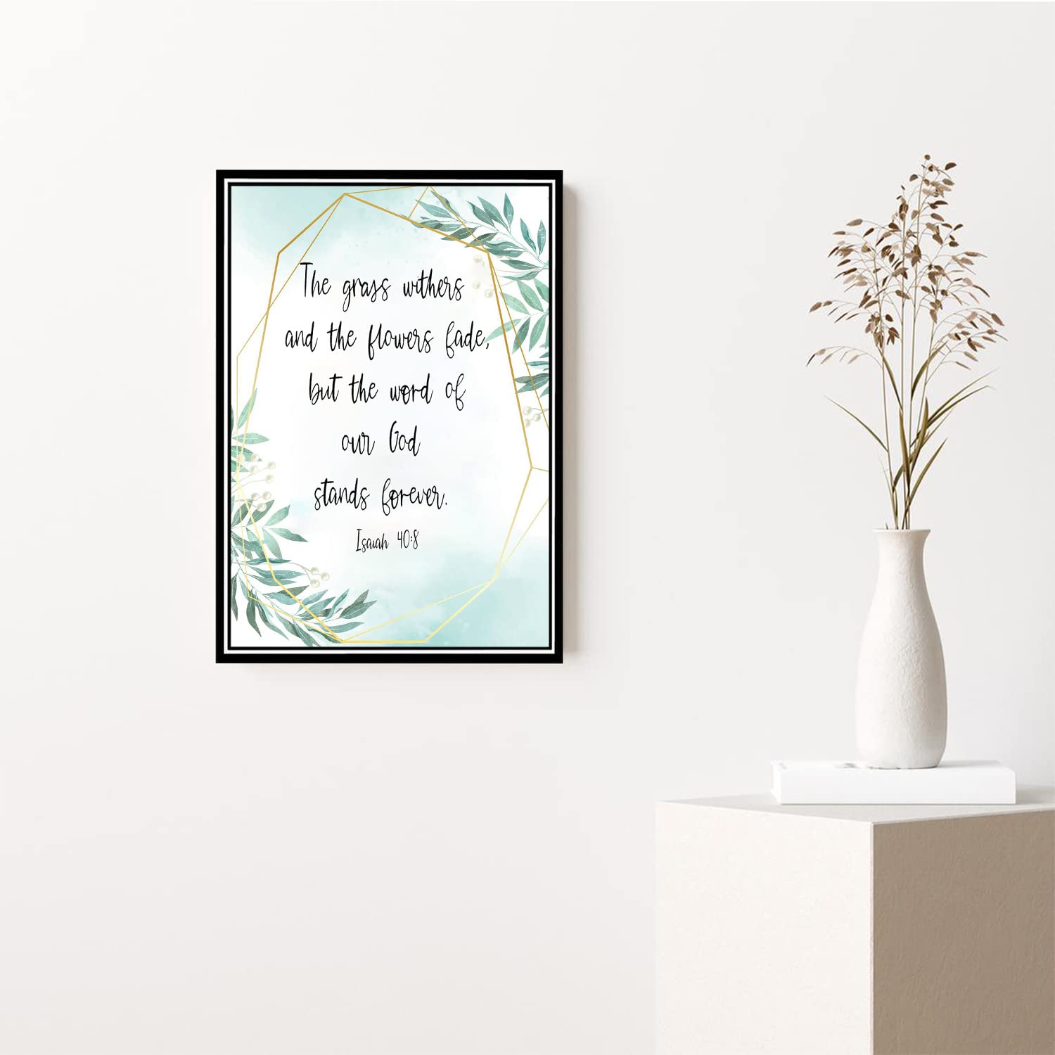 Uxjam Isaiah 40:8 Bible Verse Wall Art - 'The Grass Withers and The Flowers Fade' Scripture Print on Canvas - Framed Ready to Hang 8x12 Inches - Perfect for Home, Office, Church & Prayer Room Decor