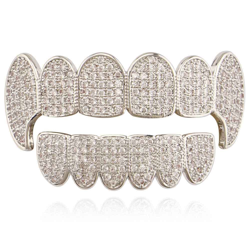Gold Plated Shiny Diamond Vampire Fangs Grillz Set - Iced Out Top & Bottom Hip Hop Teeth Grills for Men & Women | Perfect for Halloween, Cosplay, and Hip Hop Fashion