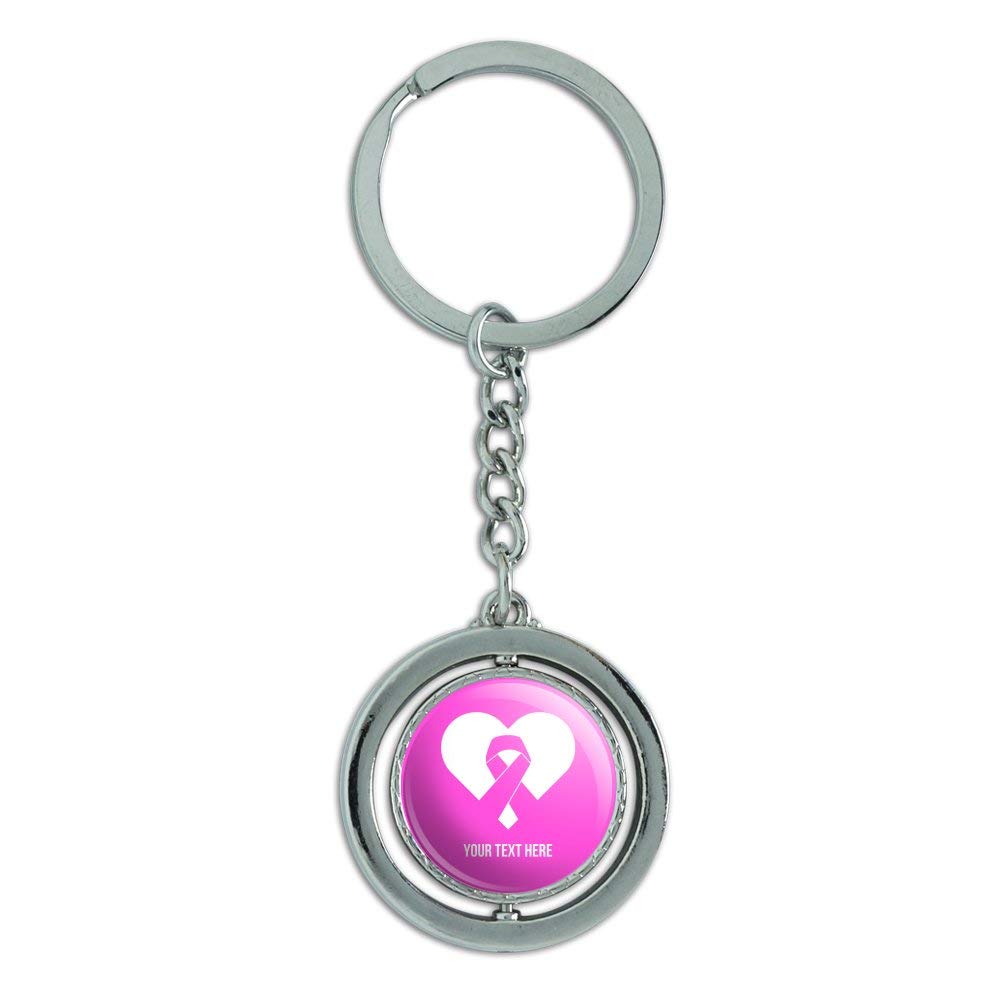 Personalized Pink Ribbon Heart Keychain - Custom 1 Line Engraved Spinning Round Chrome Plated Metal - Perfect for Breast Cancer Awareness Gifts & Fundraising Events