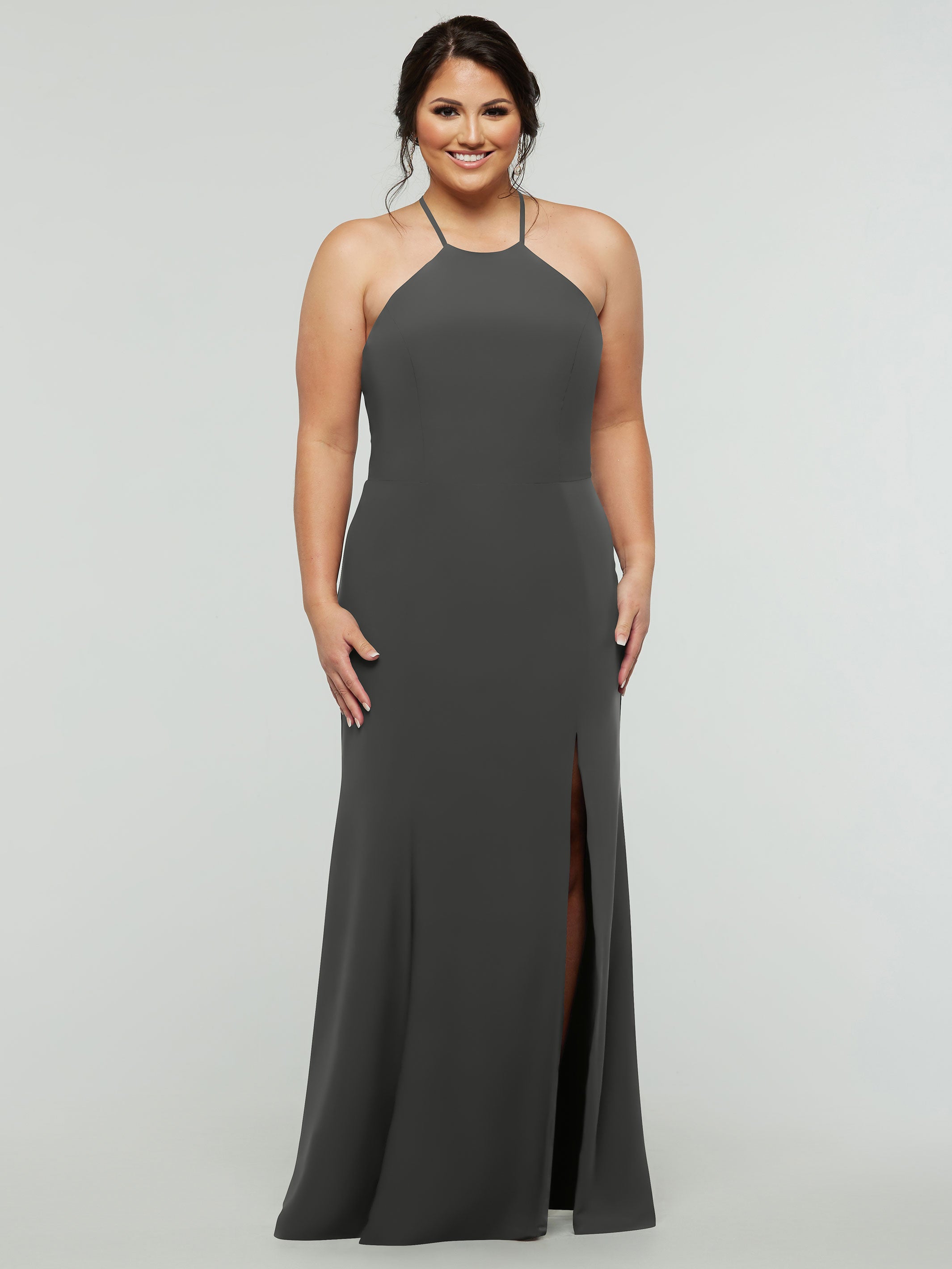 Elegant 83031 Fit and Flare Stretch Chiffon Bridesmaid Dress with Halter Neck & Thigh Slit - Perfect for Weddings, Proms, and Formal Events