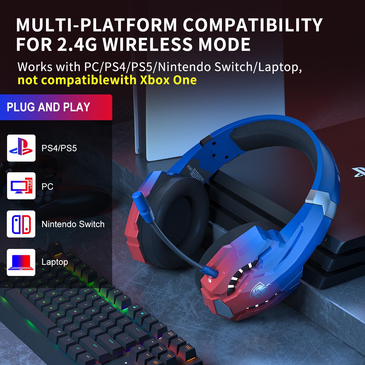 PHOINIKAS 2.4GHz Wireless Gaming Headset for PS5, PS4, PC, Nintendo Switch - Over Ear Headphones with Noise Cancelling Mic, 7.1 Surround Sound, 40+ Hour Battery Life (Dazzle Blue) - Perfect for Competitive Gaming, Streaming & Late-Night Sessions