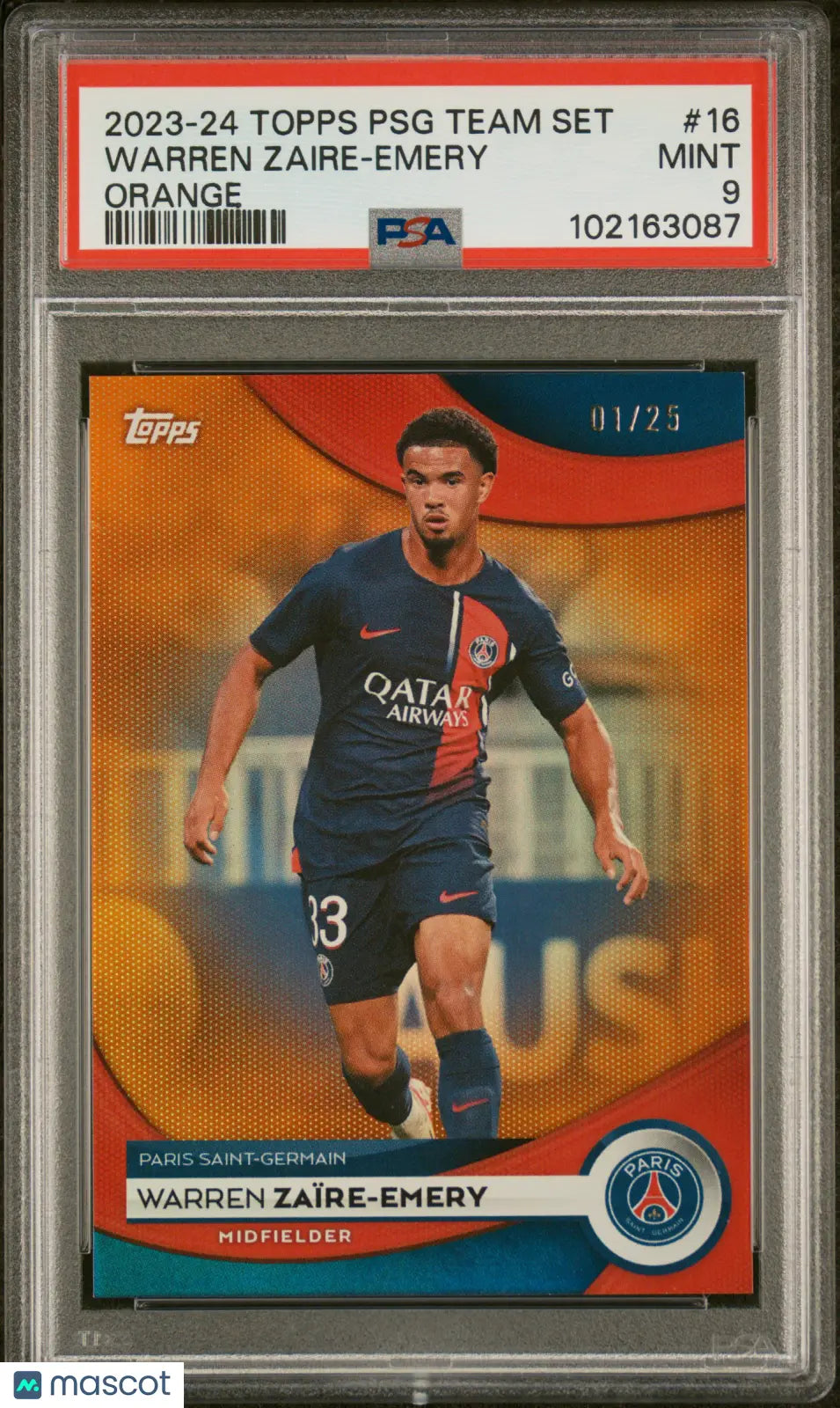 2023-24 Topps Paris Saint Germain Team Set Warren Zaire-Emery Orange PSA 9 1/25 - Rare Soccer Trading Card for Collectors & PSG Fans