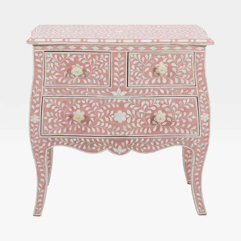 Handmade Bone Inlay French Style Nightstand with Floral Pattern & 3 Drawers - Vintage Bedside Table for Master Bedroom, Guest Room & Apartment Decor