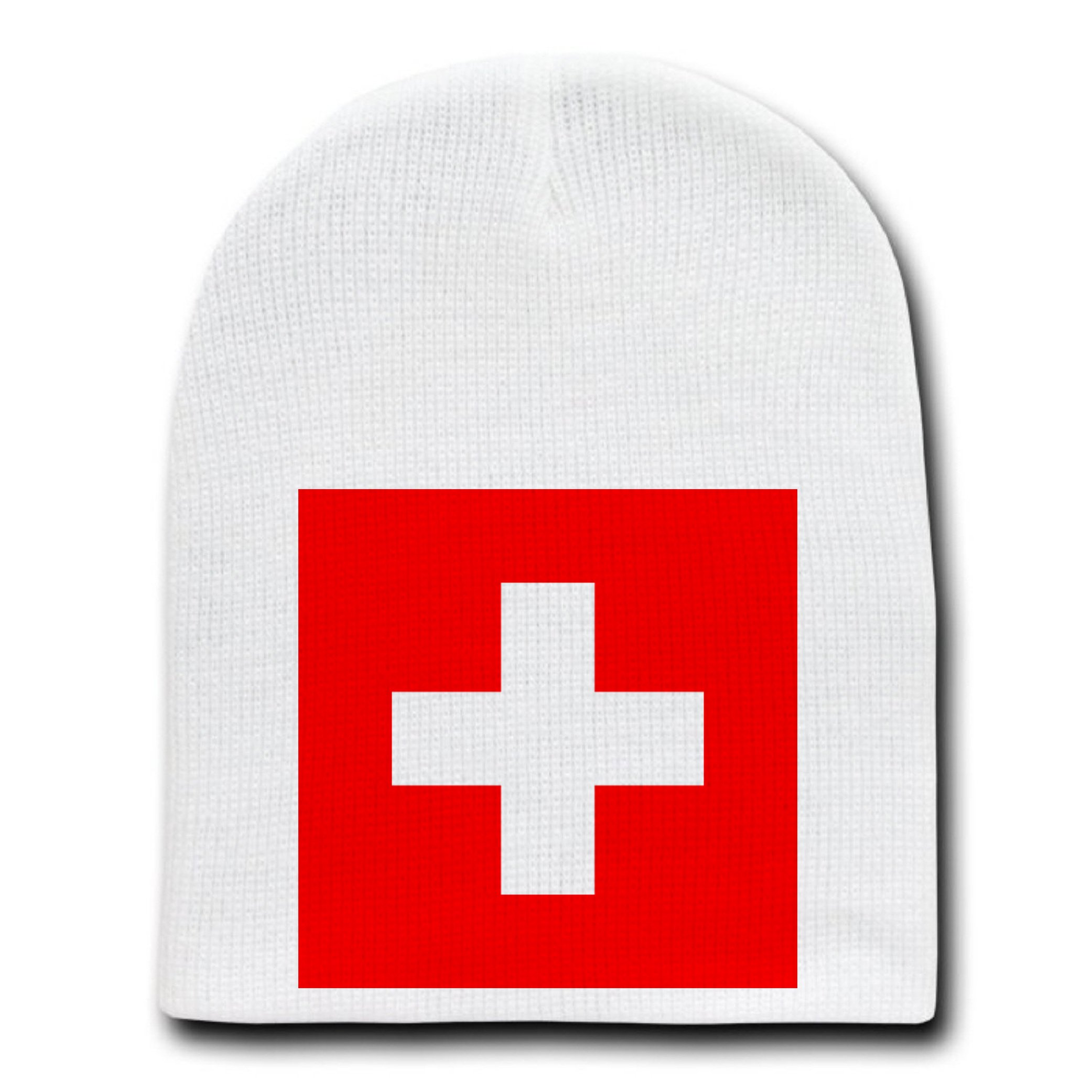Switzerland Flag Beanie Hat - White Skull Cap with National Country Design - Perfect for Winter Sports, Outdoor Activities & Patriotic Events