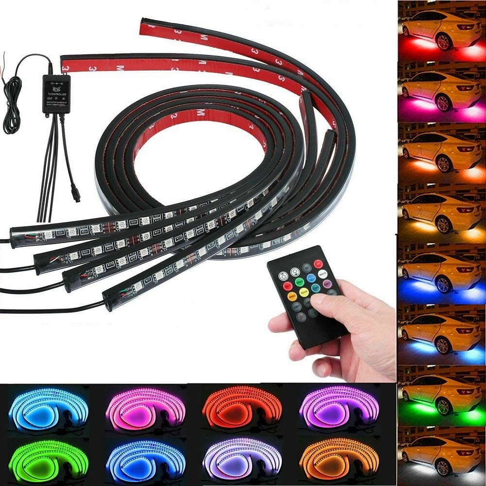 4pcs Car LED Strip Light Kit - 2x90cm + 2x120cm RGB Voice Control Interior & Exterior Car Lighting with Chassis Atmosphere Lights | Perfect for Car Decoration, Night Driving & Party Ambience