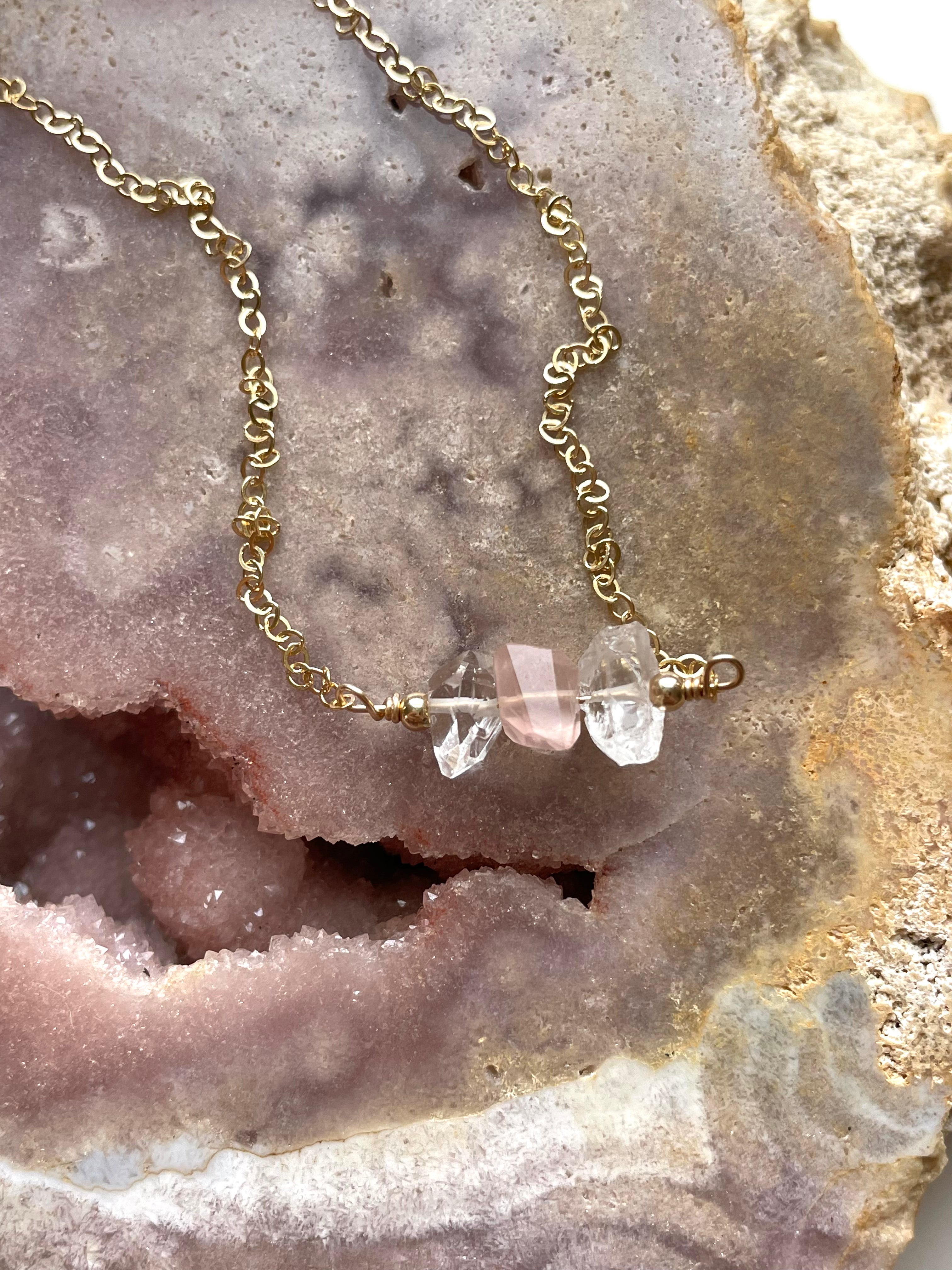 Elegant Feminine Crystal Necklace - Herkimer Diamond, Rose Quartz & Clear Quartz Pendant for Women | Perfect for Weddings, Date Nights & Spiritual Healing