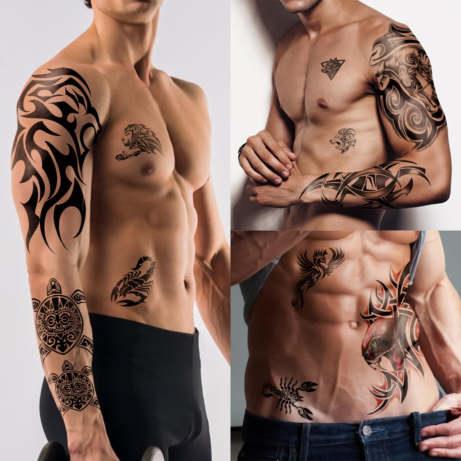 77 Sheets Temporary Tattoo Stickers - 17 Half Arm Black Tribal Animal Designs (Lion, Owl, Wolf, Turtle, Deer) + 60 Tiny Tattoos for Adults, Men, Women, Boys & Girls - Perfect for Parties, Halloween, Costumes & Body Art