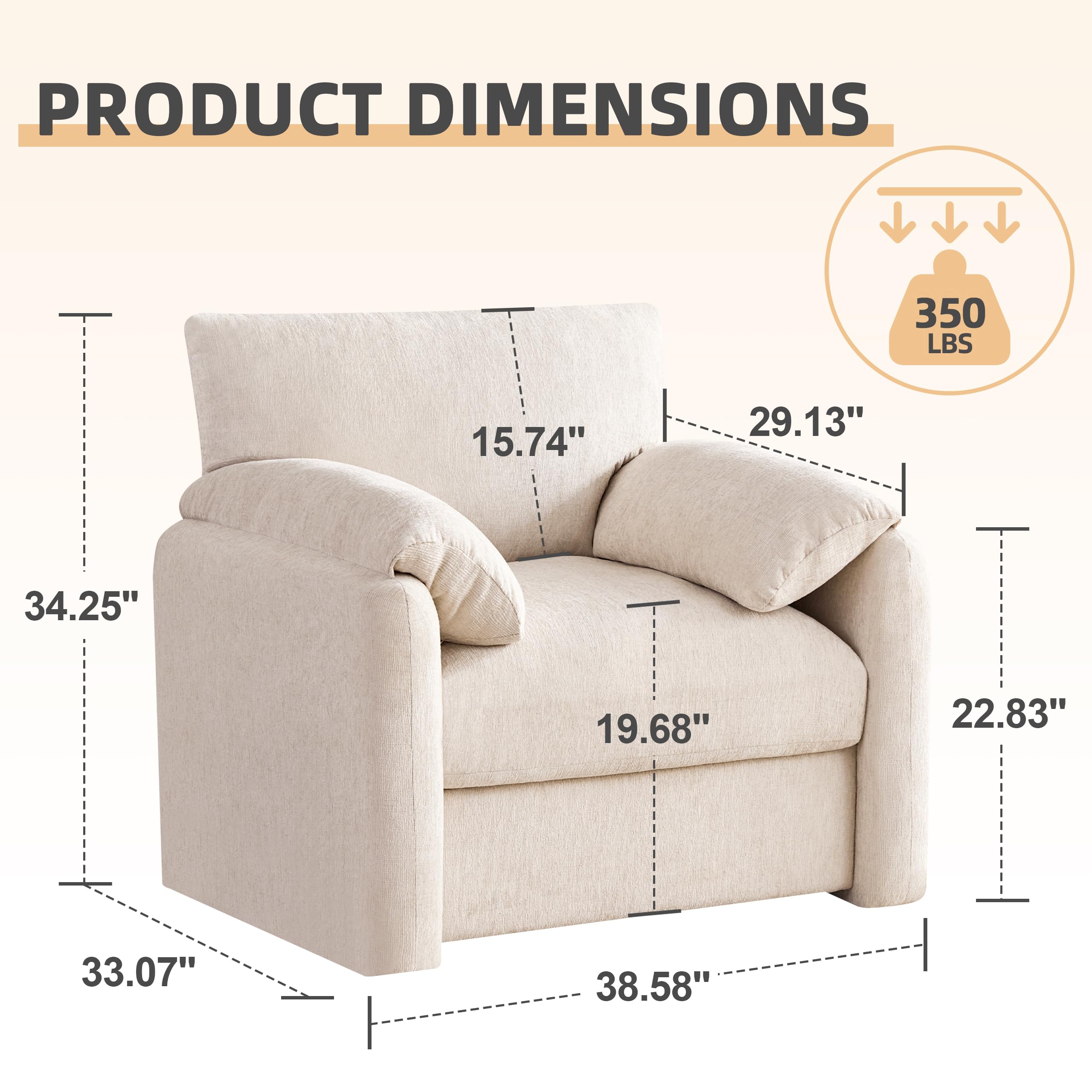 38.6'' Wide Chenille Oversized Accent Chair - Modern Mid-Century Upholstered Armchair for Living Room & Bedroom - Comfy Reading Chair & Single Sofa - Perfect for Relaxing, Reading & Home Decor (Beige, 1 Pack)
