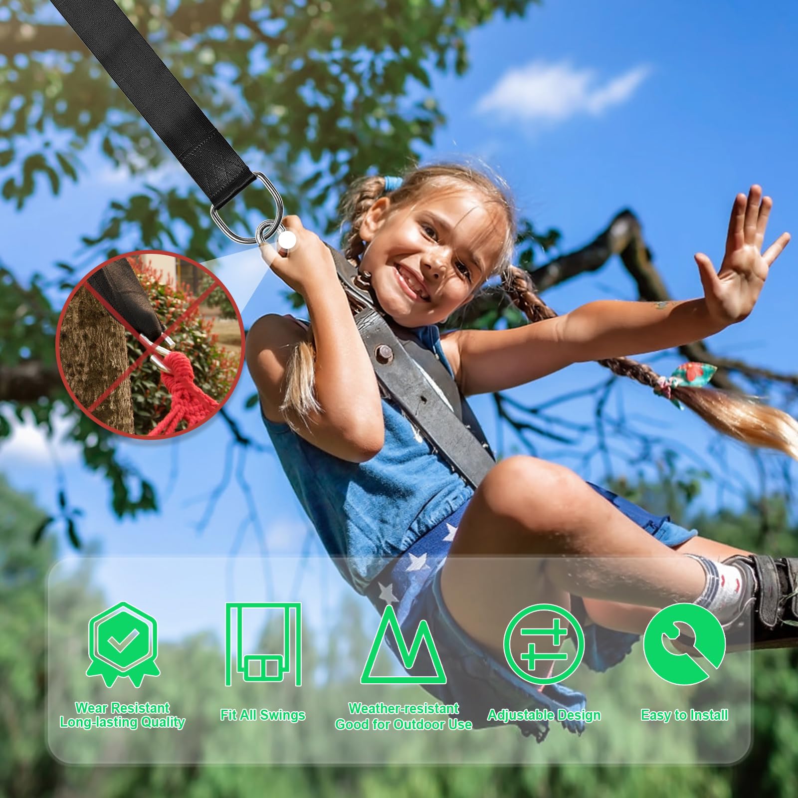 Heavy Duty Tree Swing Hanging Straps Kit - 2000 lbs Capacity, 8ft Extra Long Straps with Locking Carabiner Hooks for Tree Swings & Hammocks - Includes Carry Pouch for Easy Installation & Outdoor Camping, Backyard Fun, Kids Playground