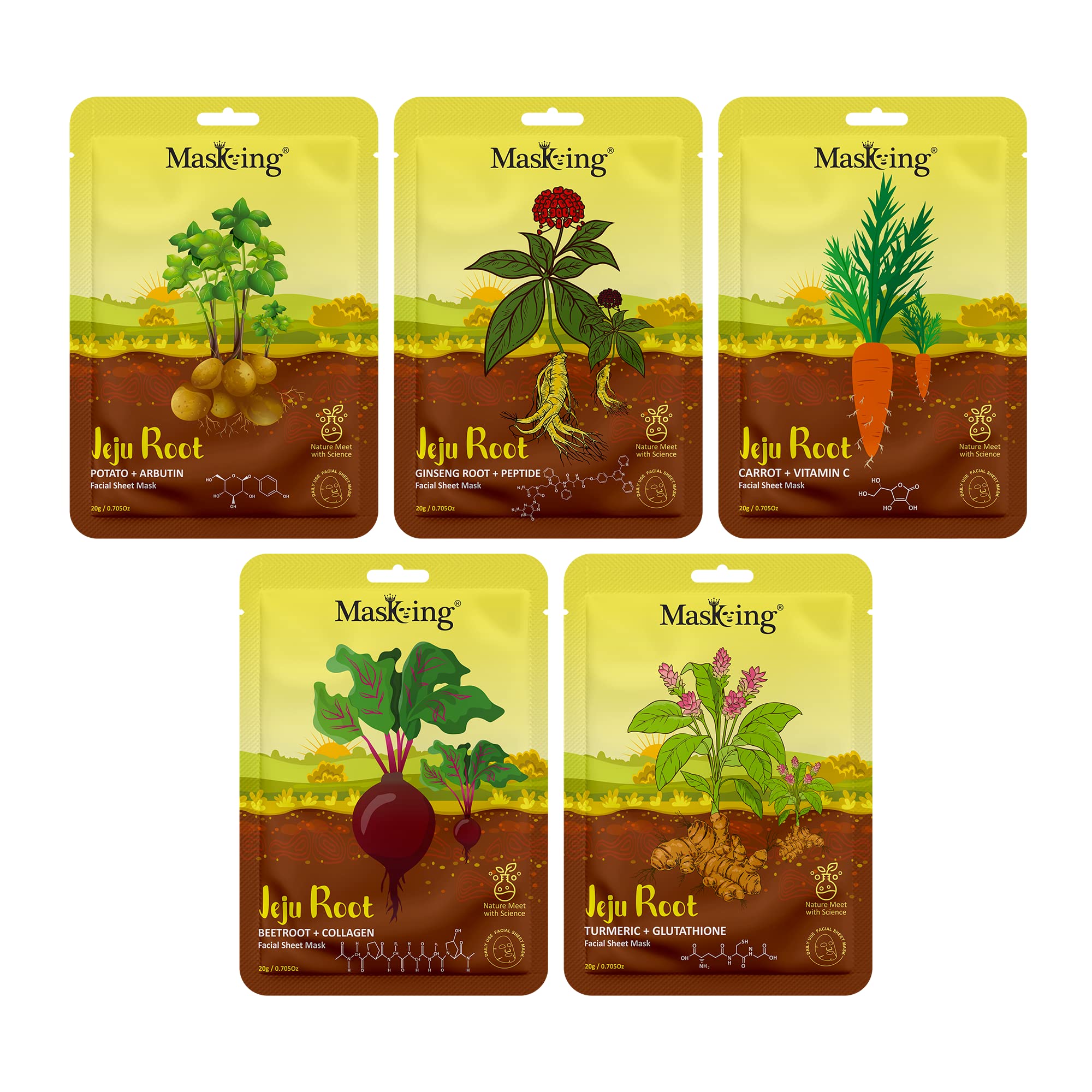Jeju Root Face Sheet Mask for Glowing Skin - Hydrating & Calming Facial Mask for Women & Men - Pack of 5 - Perfect for Daily Skincare & Spa Night