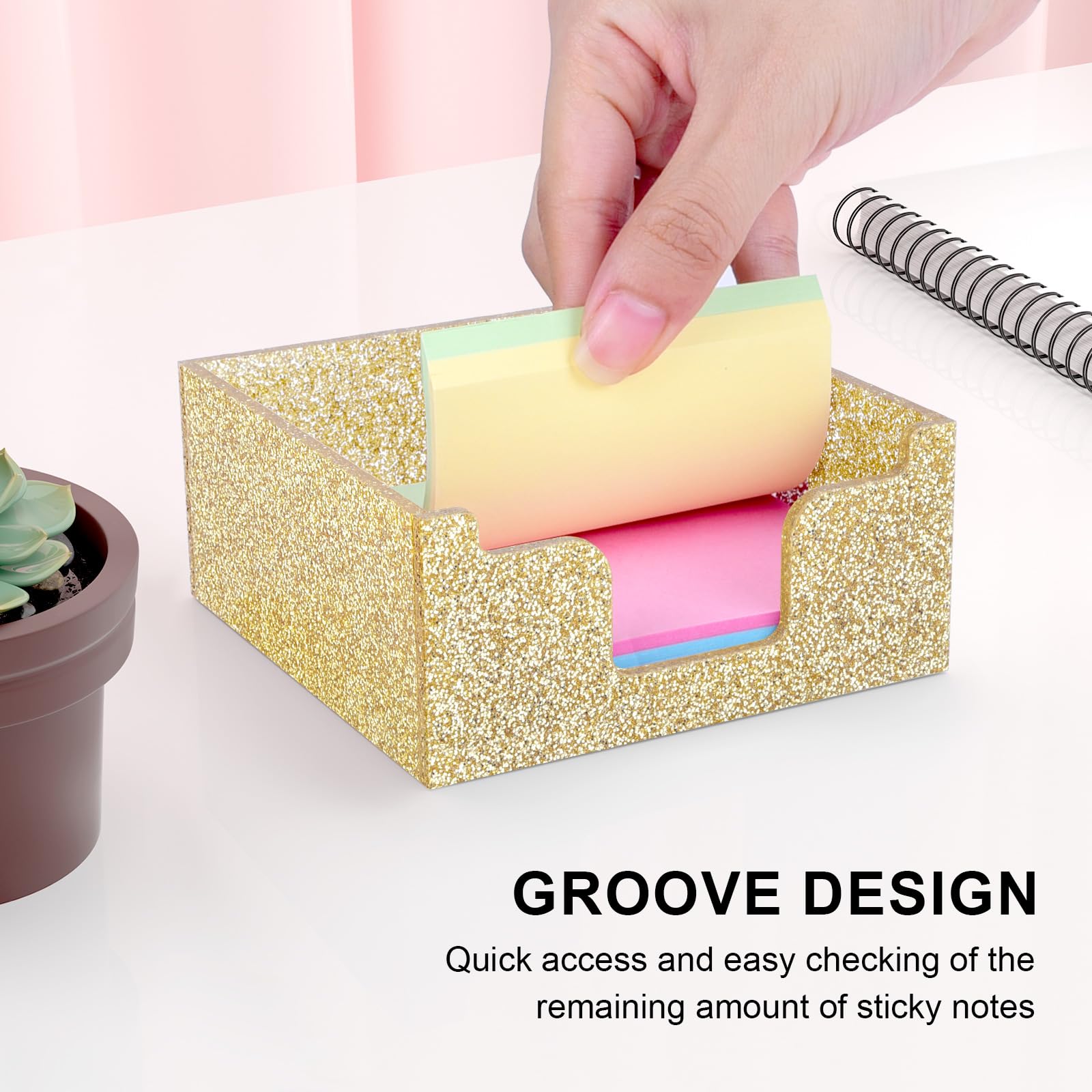 Rouidr Acrylic Sticky Note Holder - 3.94 x 3.94 Inch Glitter Memo Pad Dispenser Organizer for Office, School & Home Desk (Gold) | Perfect for Notes, Reminders & Office Supplies Organization