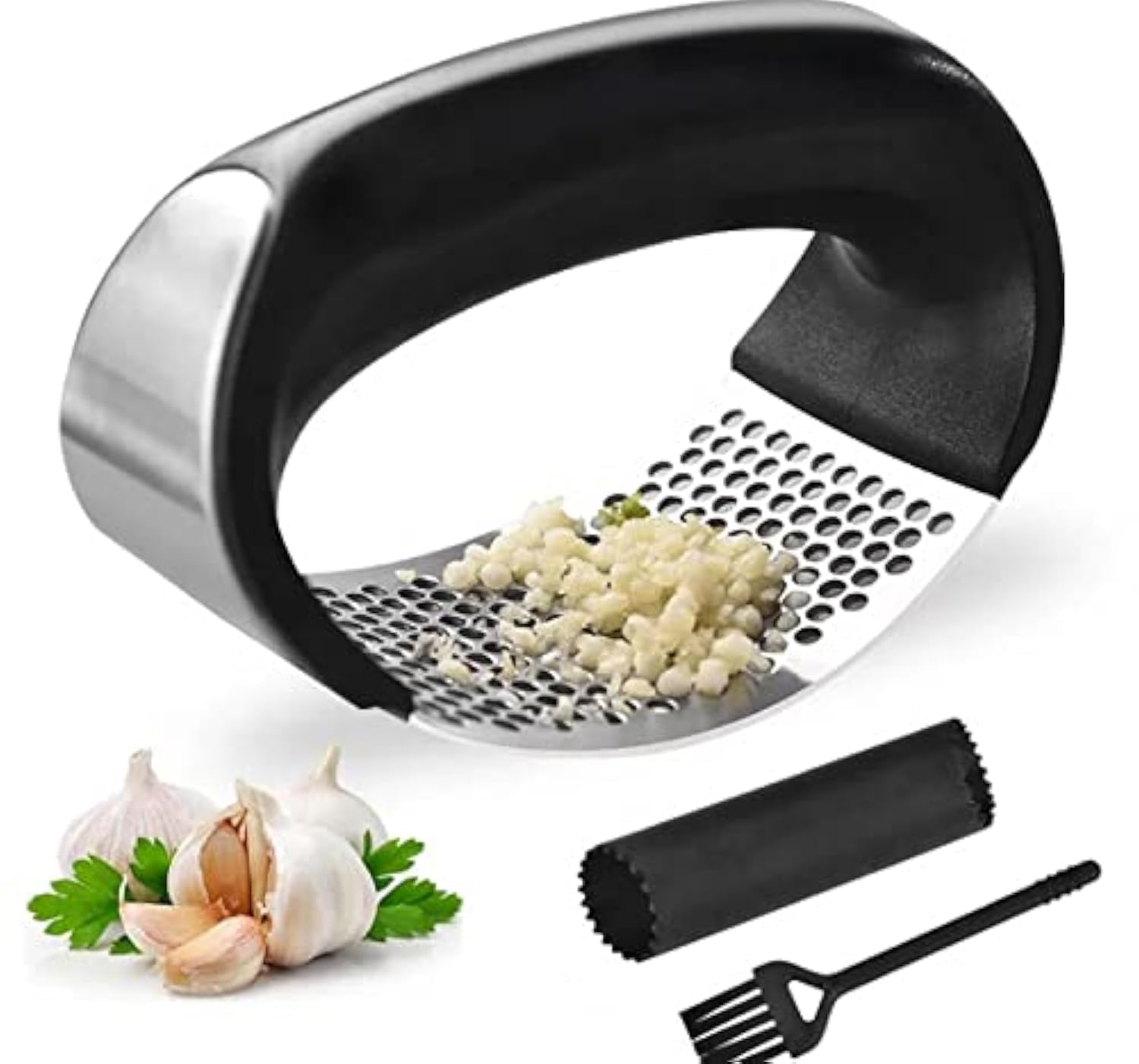 Stainless Steel Garlic Press Set with Peeler & Brush - for Cooking & Baking
